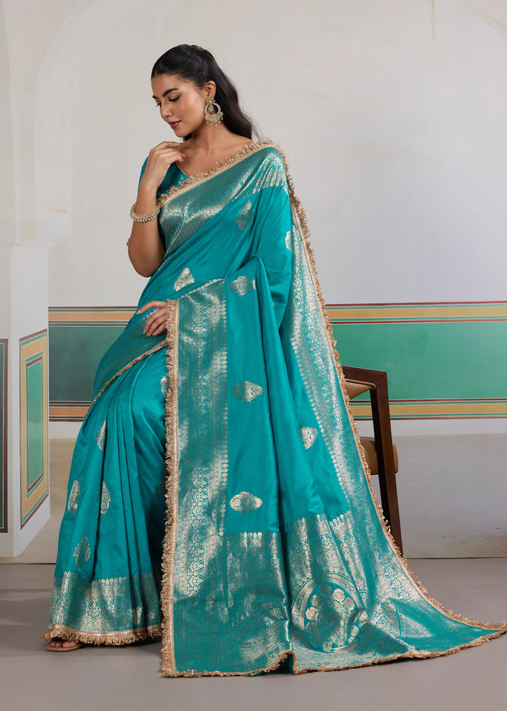 Buy MySilkLove Cyan Bue Woven Banarasi Satin Silk Saree Online