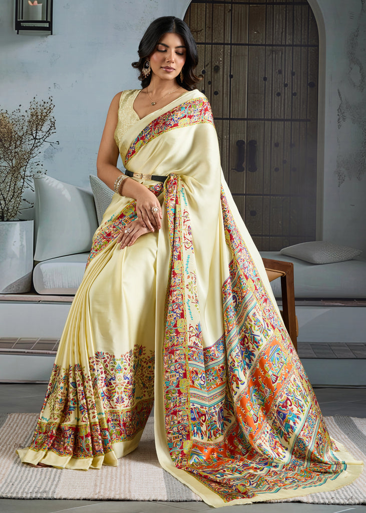 Buy MySilkLove Nacreous Cream Printed Satin Crepe Silk Saree Online
