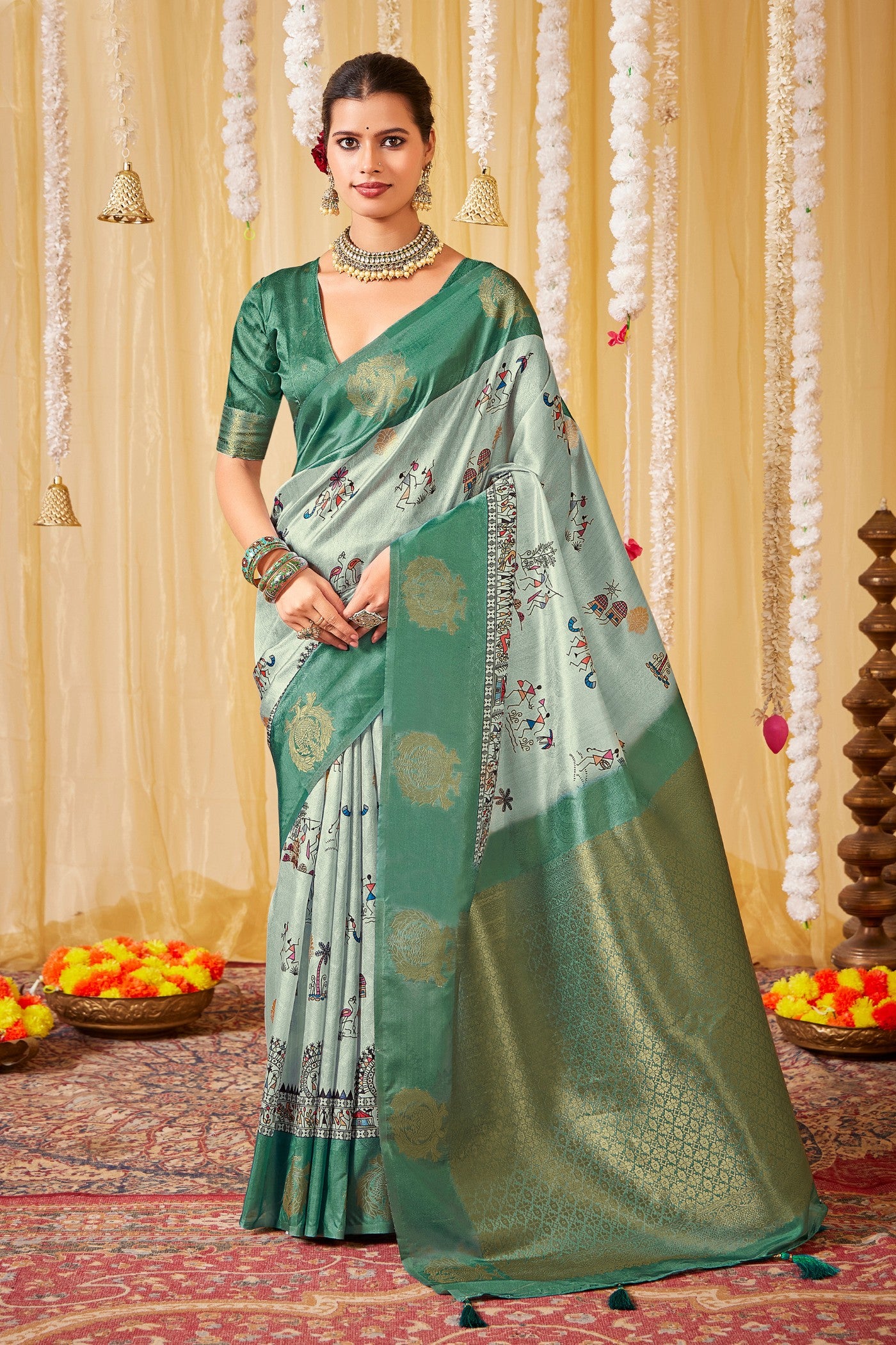 Buy MySilkLove Mist Green Kalamkari Printed Saree Online