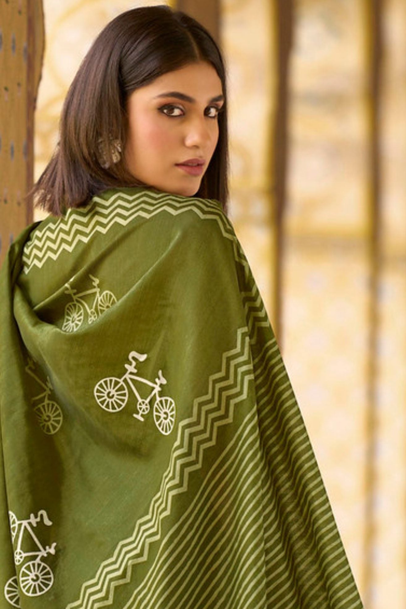 Buy MySilkLove Pesto Corn Green Handblock Printed Saree Online