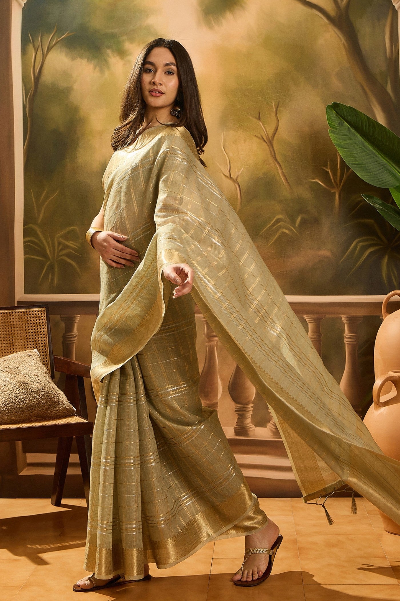 Buy MySilkLove Locust Green Woven Organza Saree Online