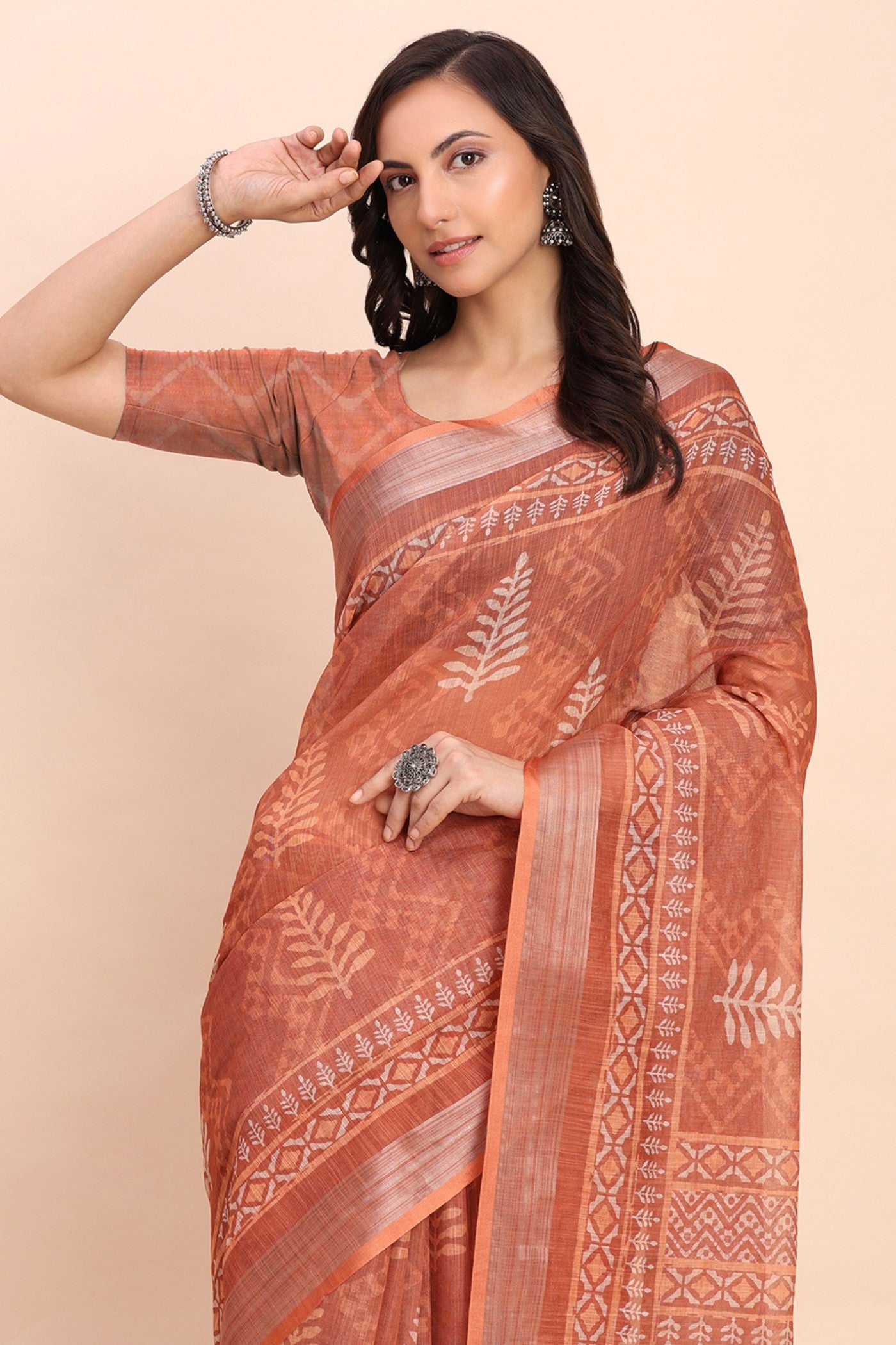 Buy MySilkLove Glossy Orange Woven Linen Cotton Saree Online