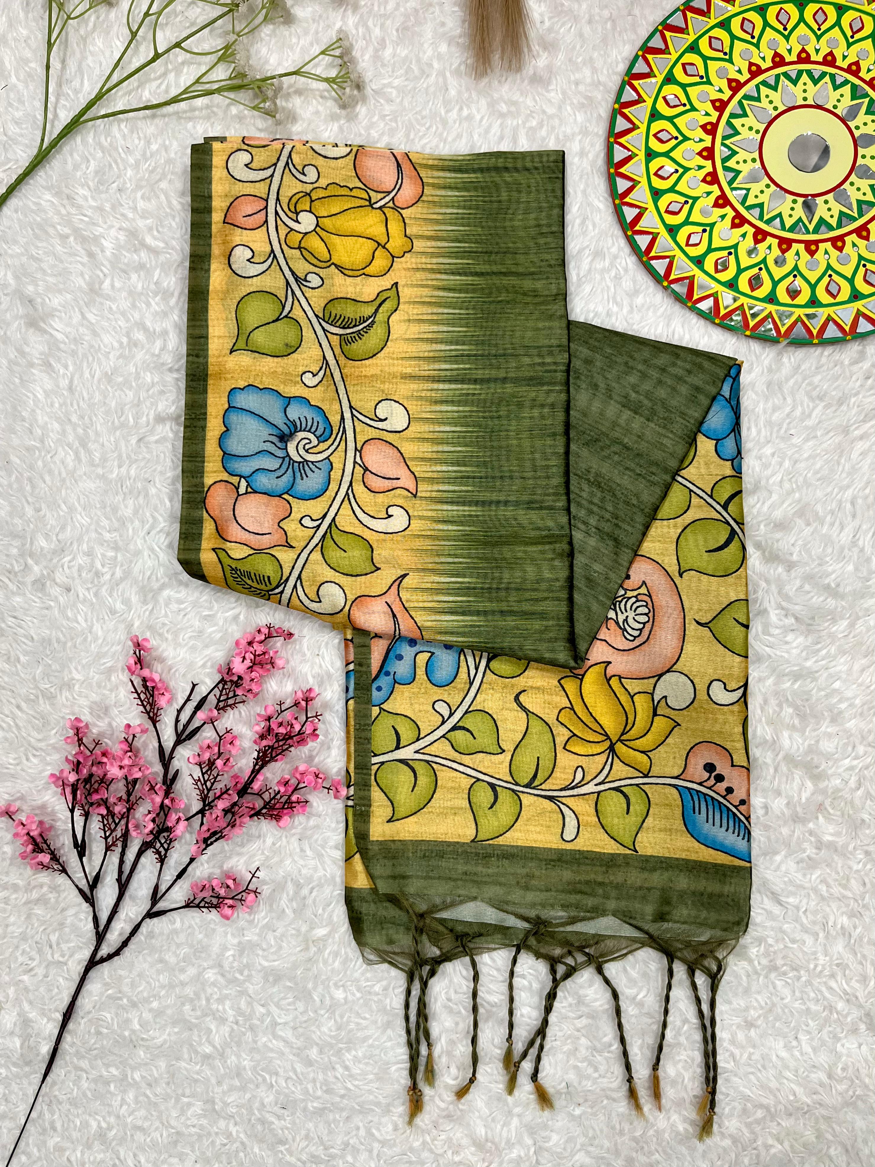 Buy MySilkLove Dianthus Green Floral Printed Cotton Saree Online
