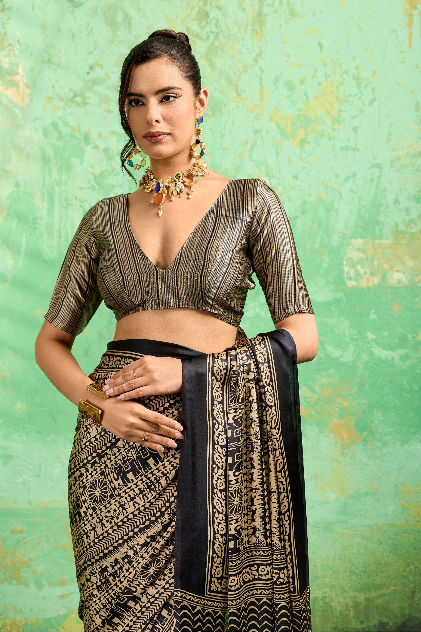 Buy MySilkLove Black Licorice Modal Satin Kalamkari Printed Saree Online