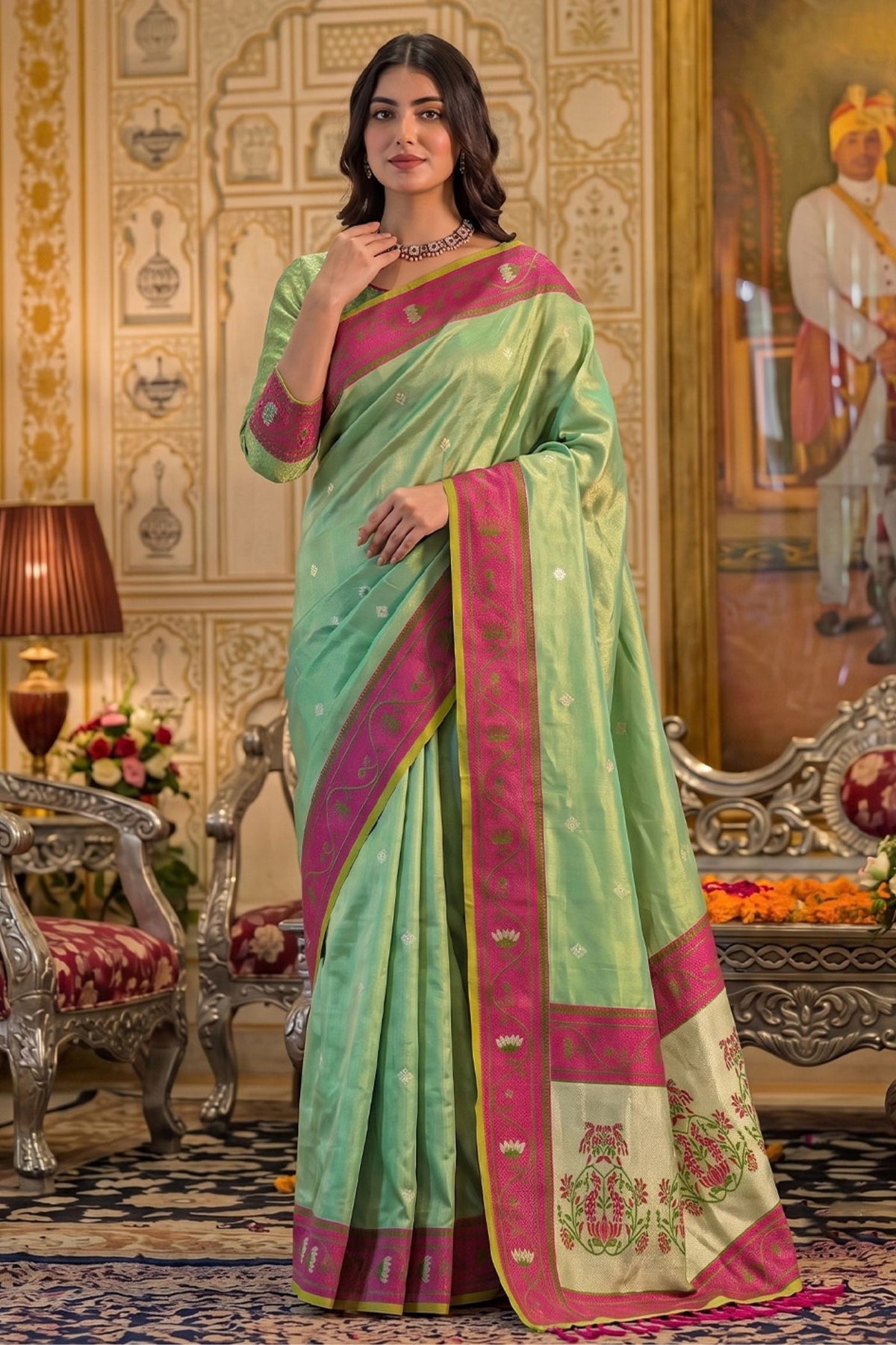 Buy MySilkLove Seafoam Green Woven Tissue Silk Saree Online