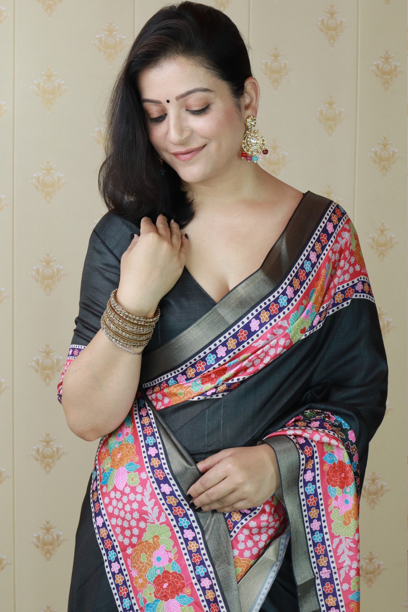 Buy MySilkLove Tuna Black Banarasi Printed Saree Online