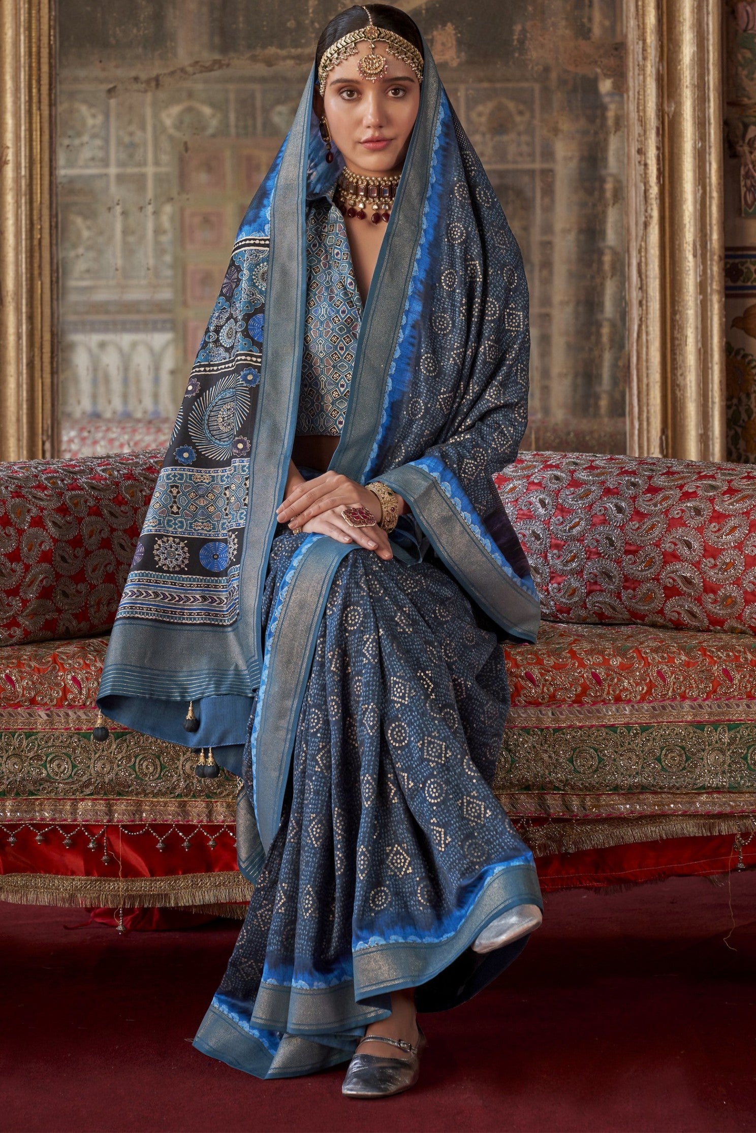 Buy MySilkLove Ocean Blue Printed Banarasi Saree Online