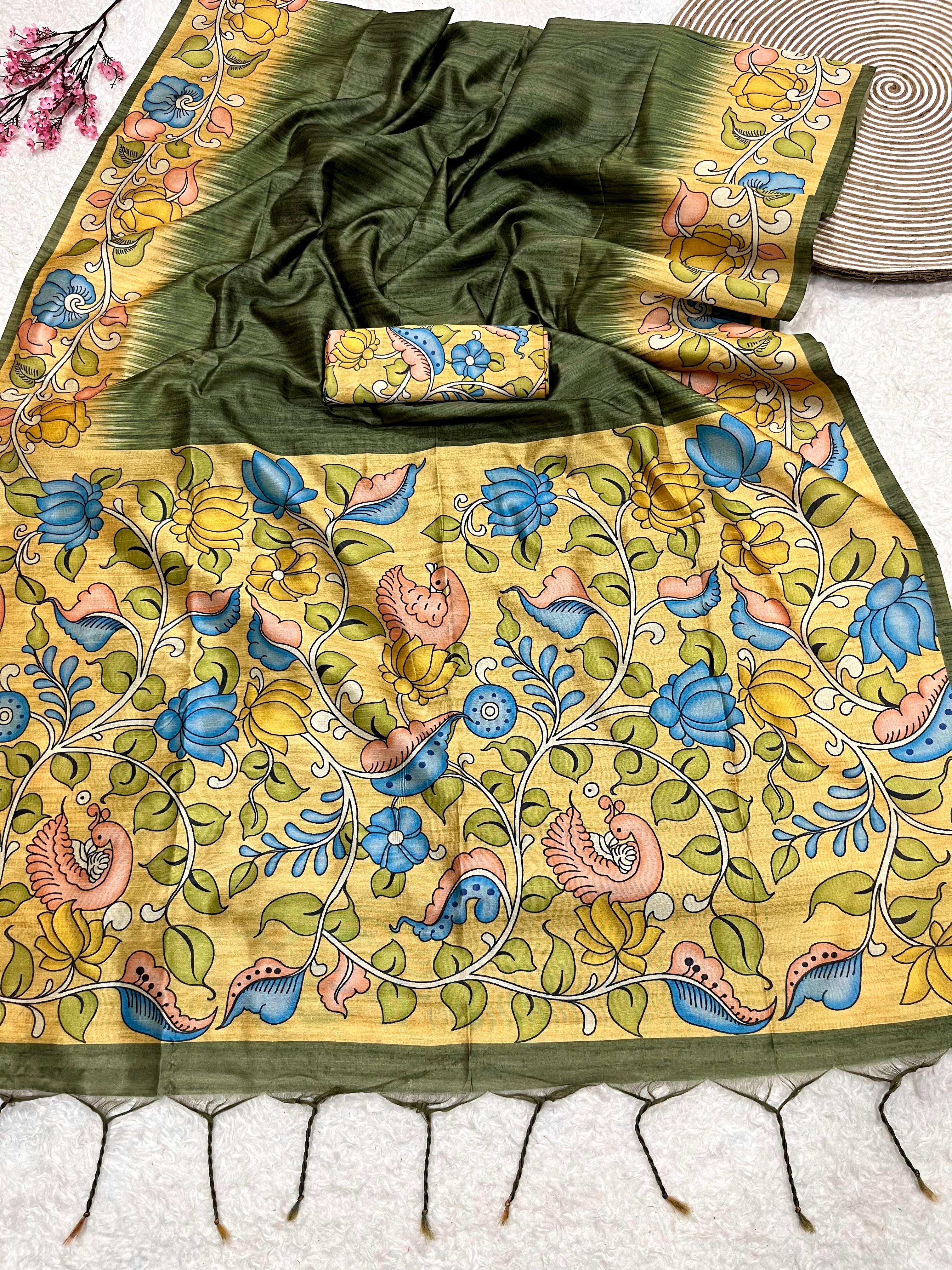 Buy MySilkLove Dianthus Green Floral Printed Cotton Saree Online