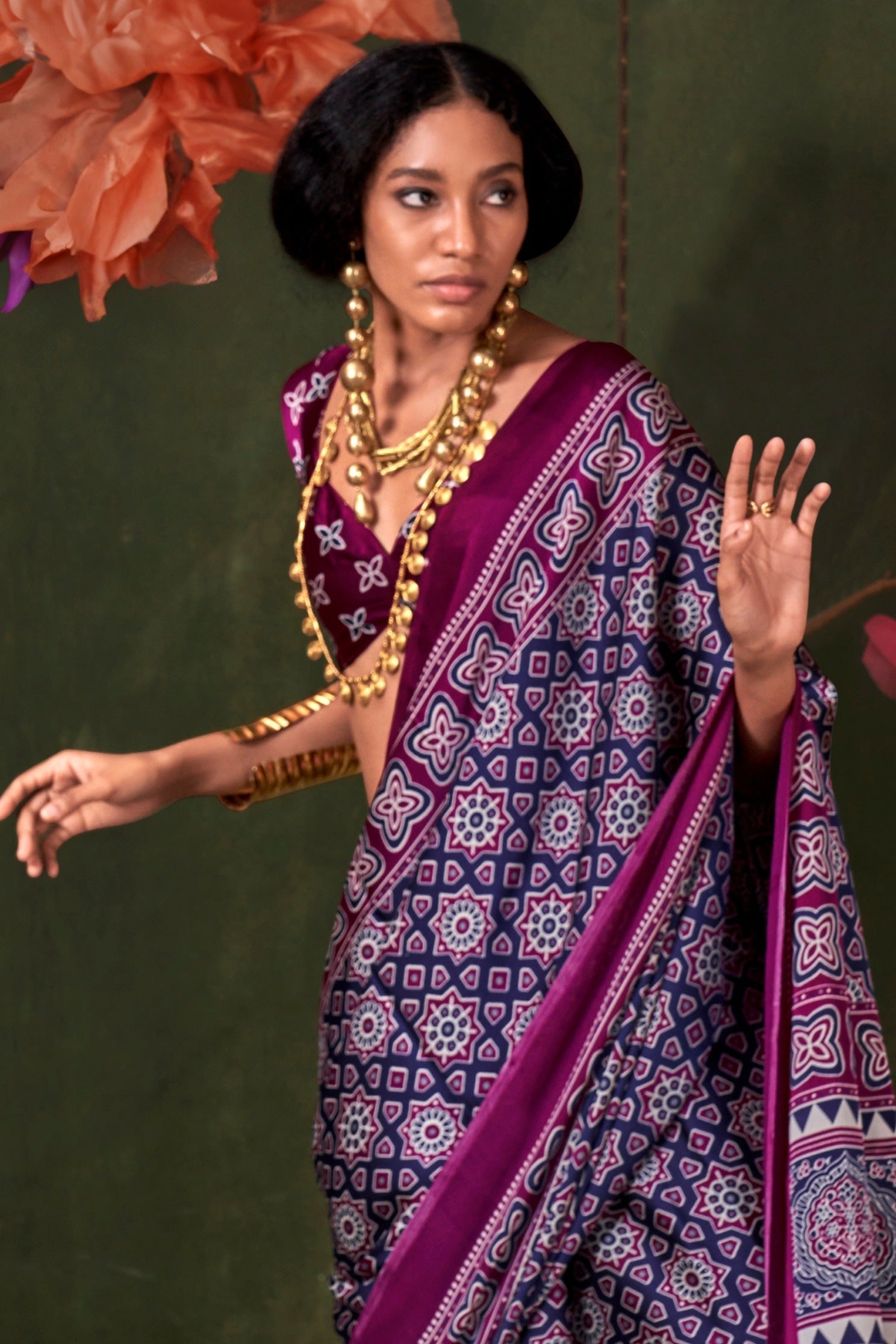 Buy MySilkLove Heather Purple Ajrakh Printed Satin Crepe Silk Saree Online