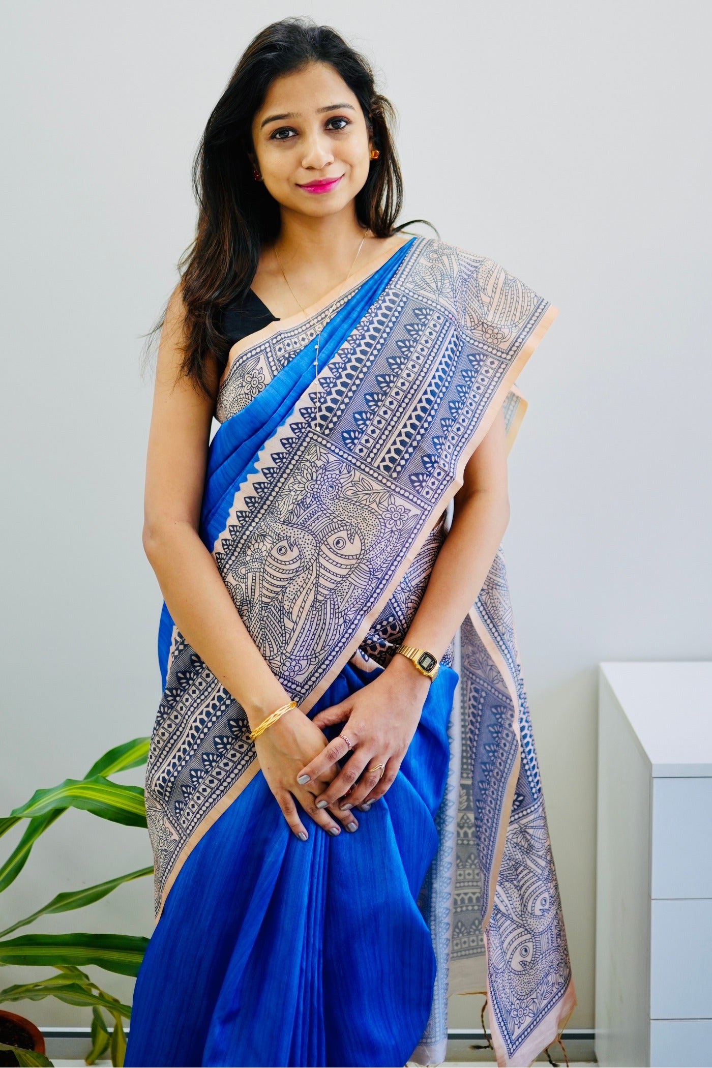 Buy MySilkLove Cobalt Blue Madhubani Printed Silk Saree Online