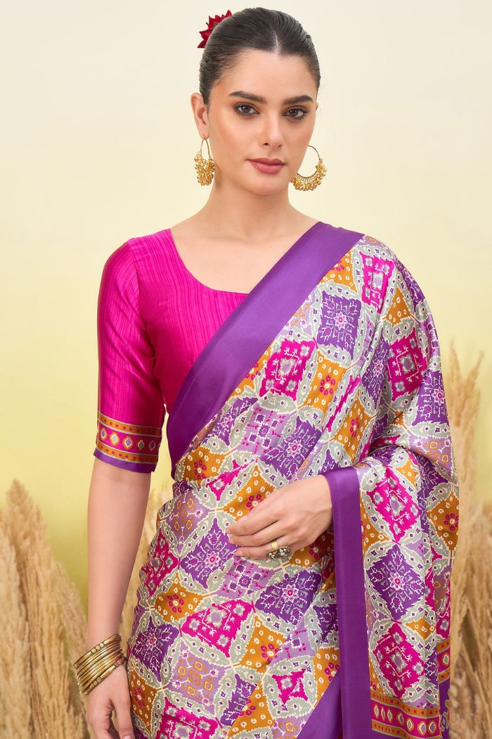 Buy MySilkLove Periwinkle Purple Patola Printed Satin Crepe Silk Saree Online