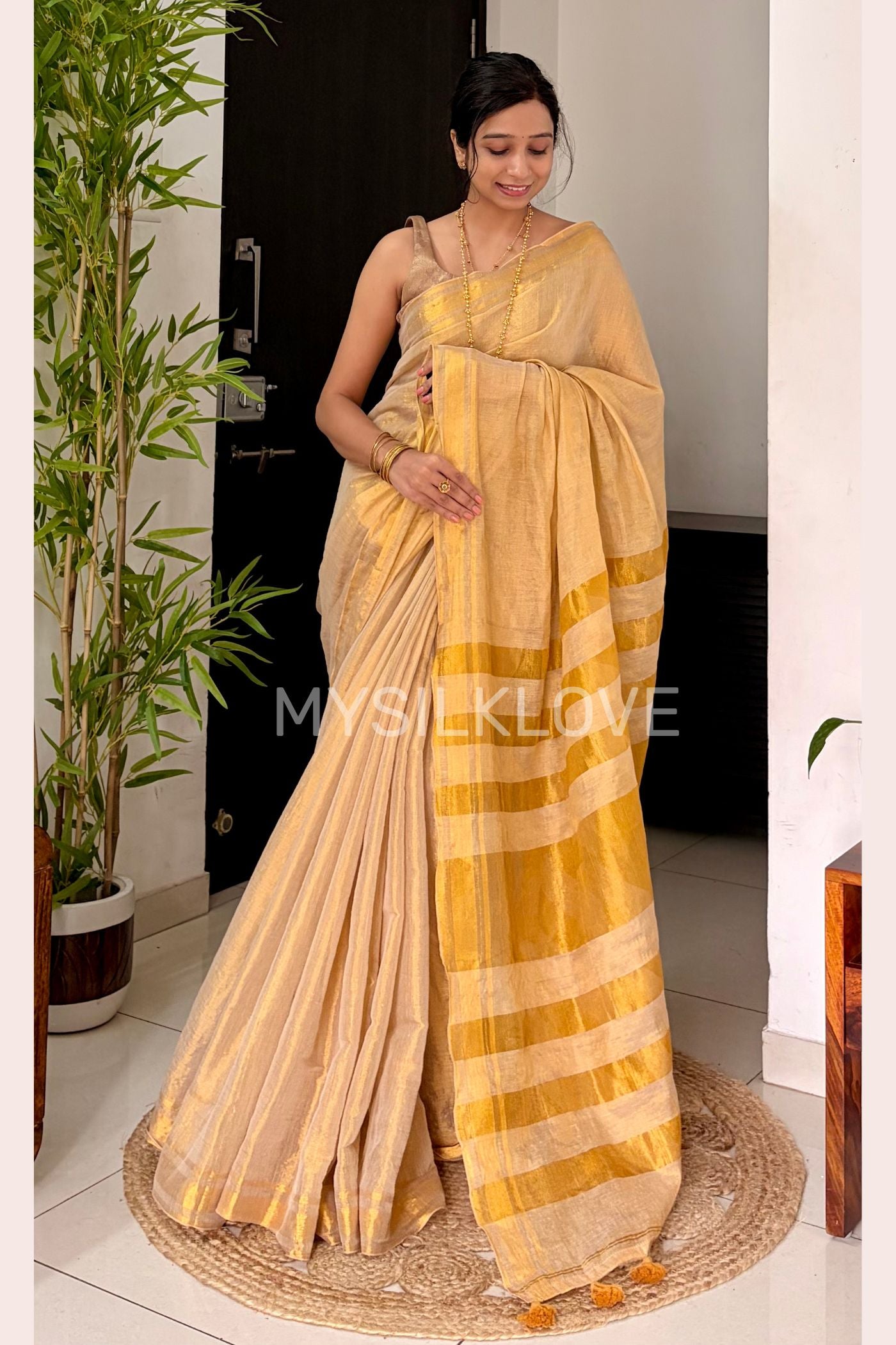 Buy MySilkLove Butter Cream Tissue Woven Silk Saree Online