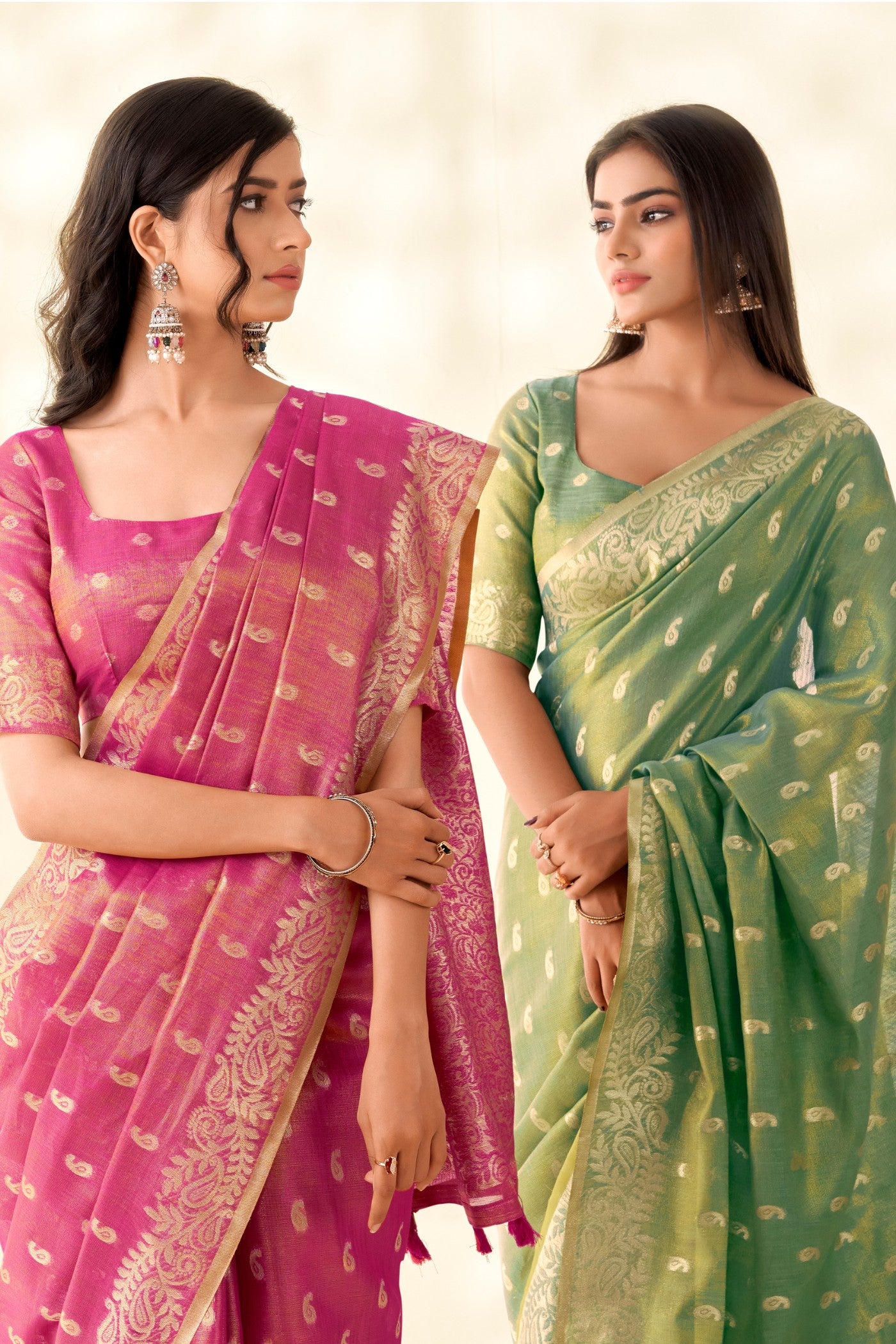 Buy MySilkLove Fern Green Woven Tissue Linen Saree Online
