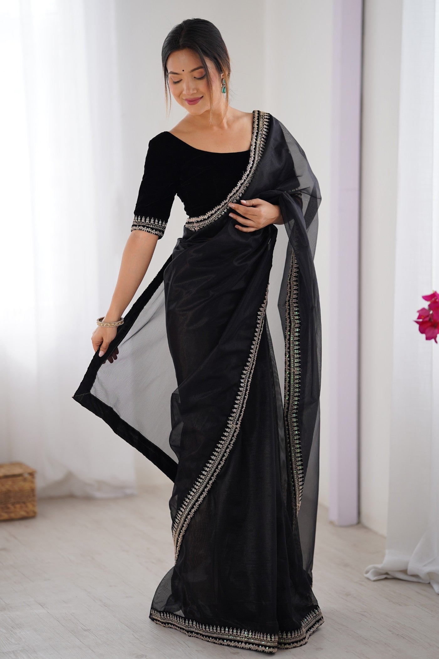 Buy MySilkLove Meatal Black Partywear Net Saree Online