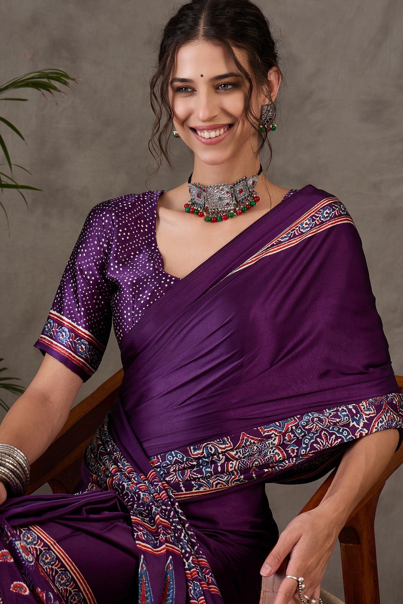 Buy MySilkLove Brinjal Purple Printed Satin Gaji Silk Saree Online