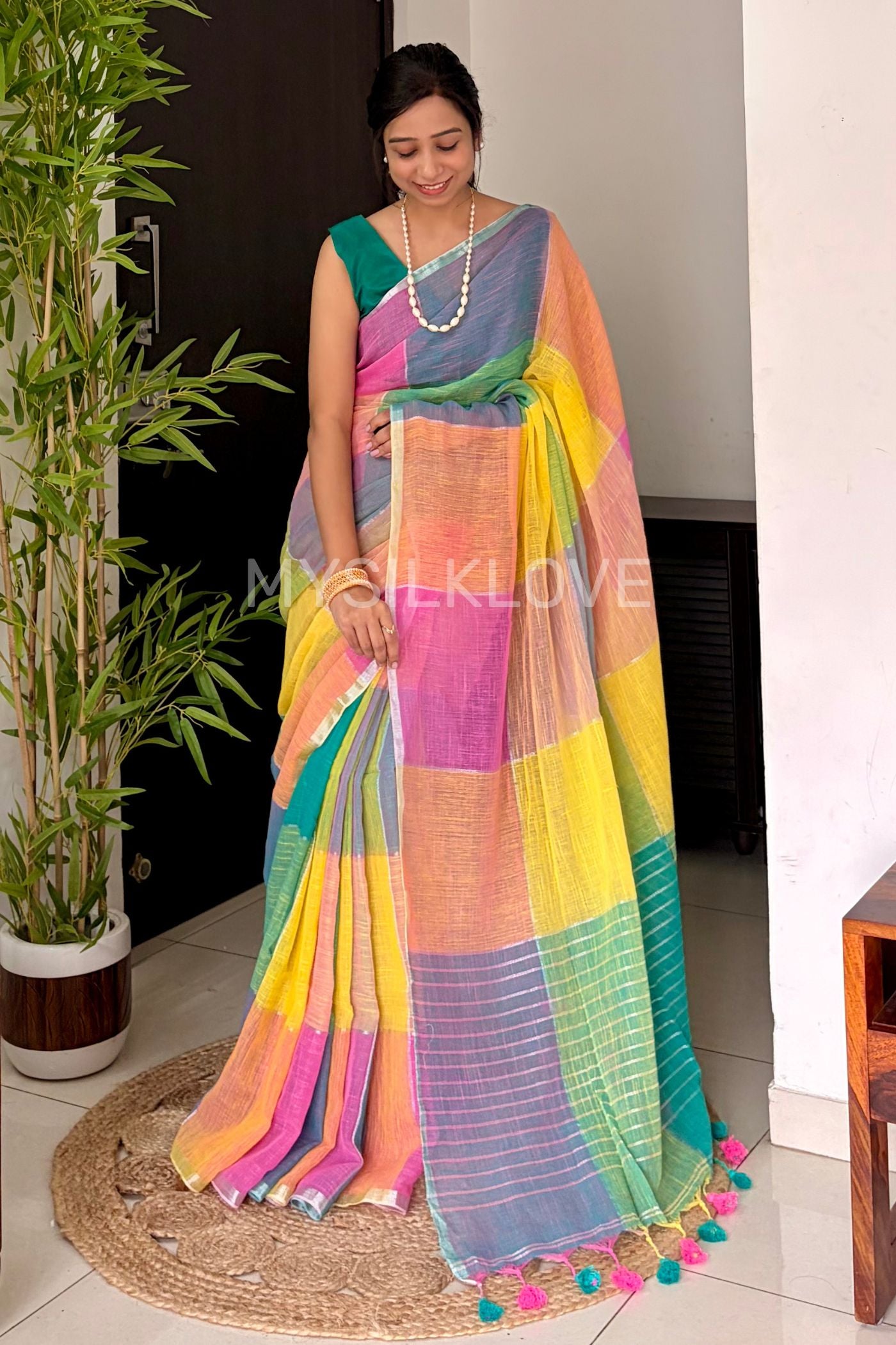 Buy MySilkLove Multicolor Yellow Checks Pattern Pure Linen Cotton Saree Online