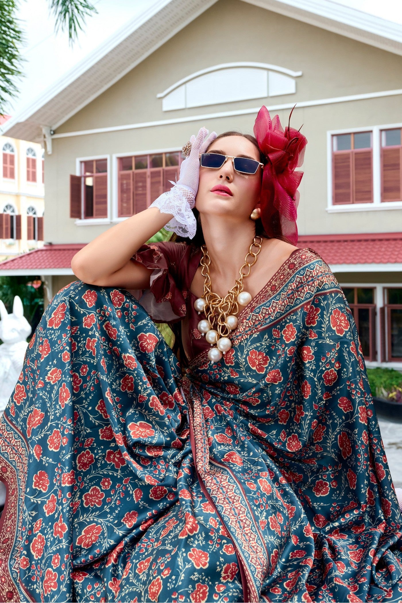 Buy MySilkLove Space Blue Ajrakh Printed Satin Crepe Silk Saree Online