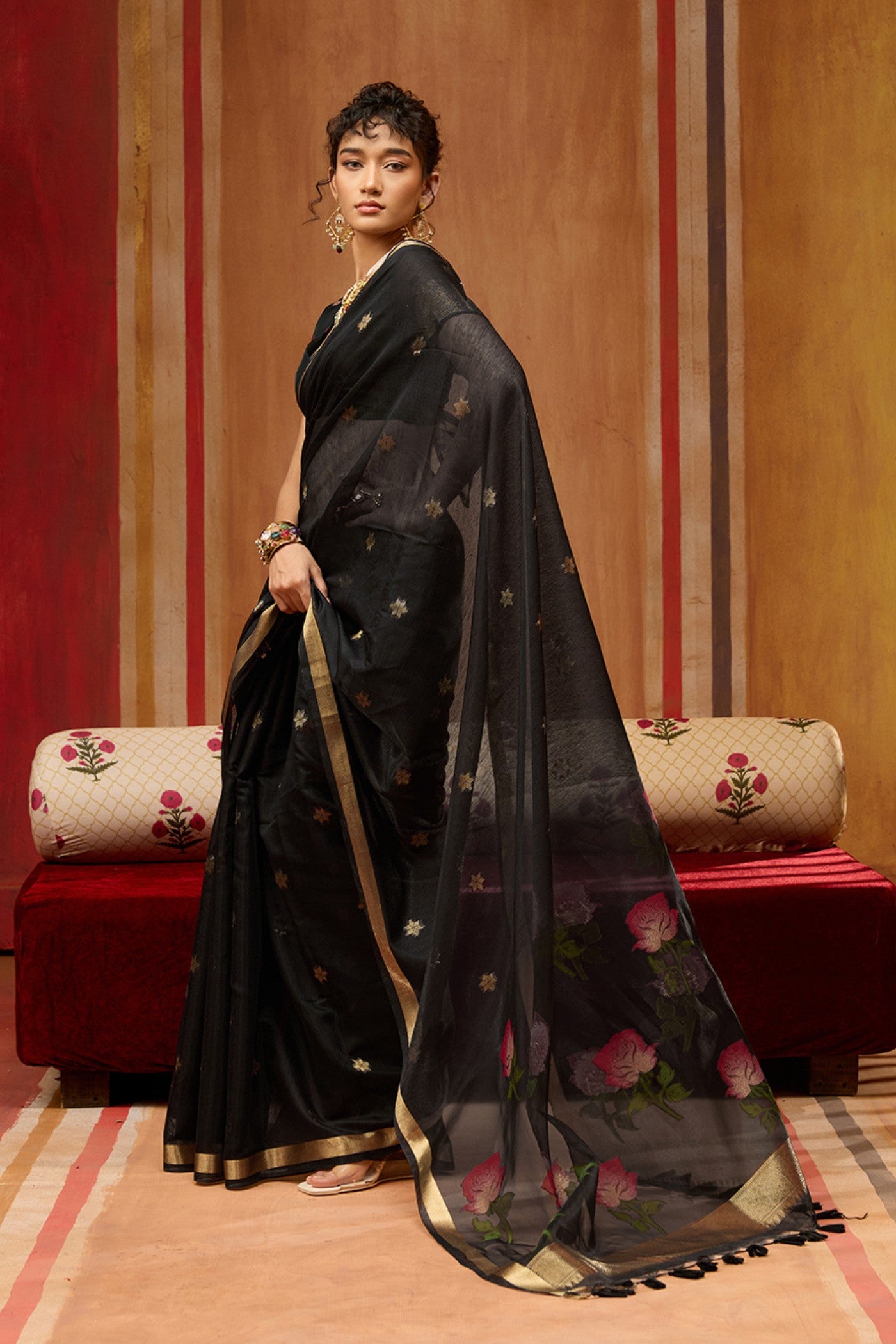 Buy MySilkLove Ace Black Handloom Muga Cotton Saree Online