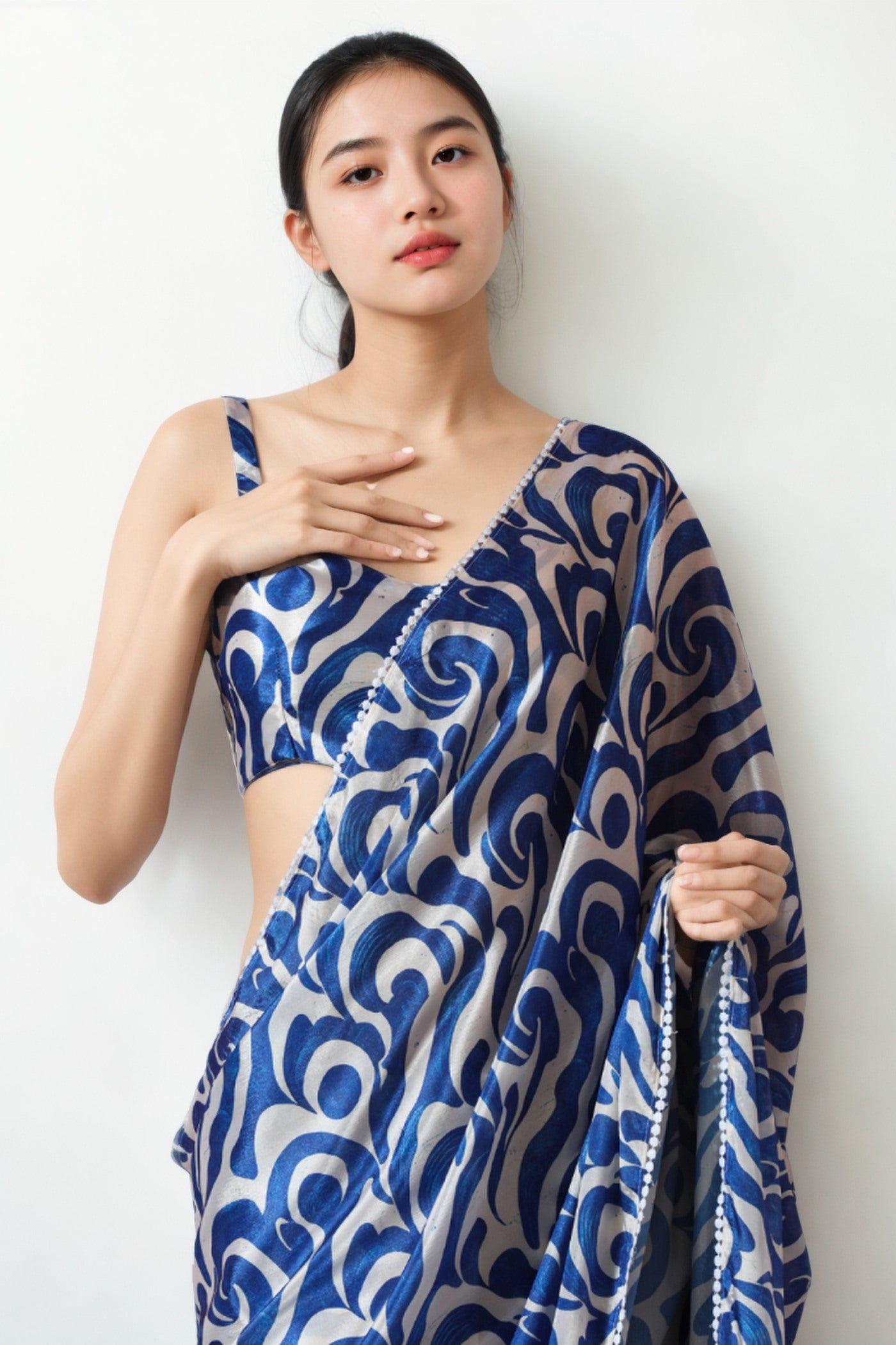 Buy MySilkLove Midnight Blue Chinon Digital Printed Ready To Wear Saree Online