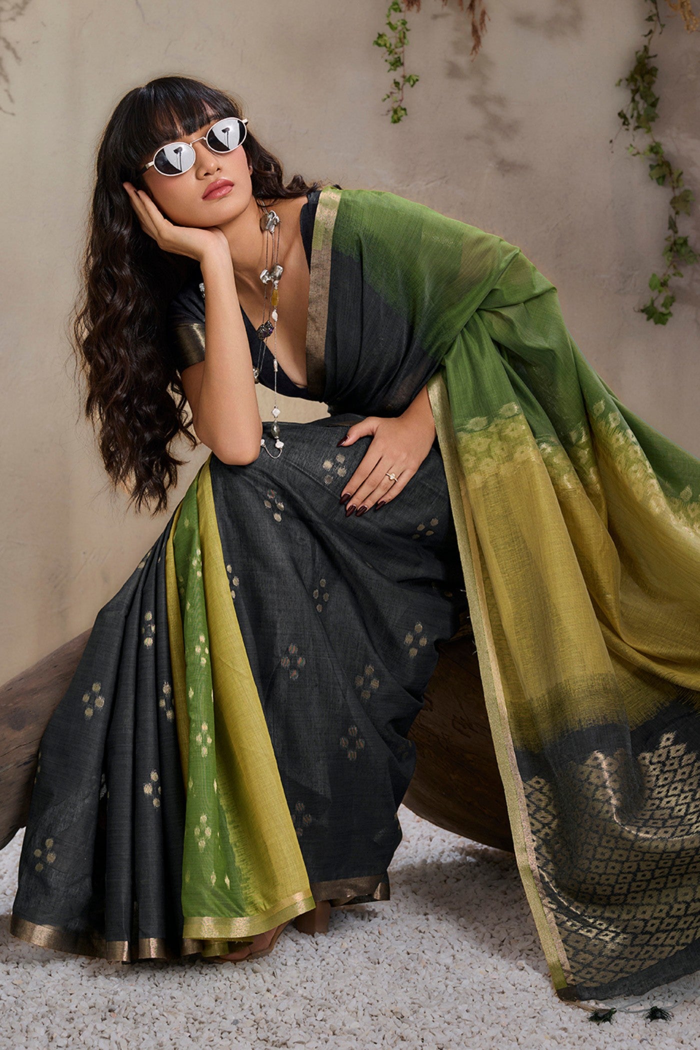 Buy MySilkLove Olive Black and Green Handloom Cotton Saree Online