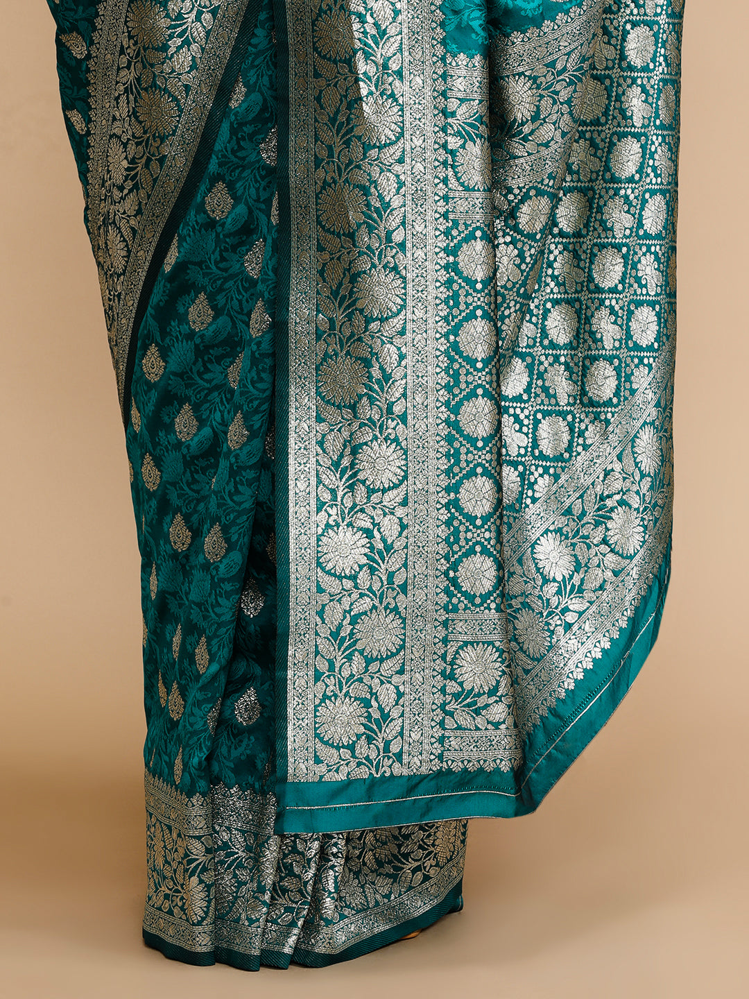 Buy MySilkLove Viridian Green Woven Jacquard Lichi Silk Saree Online