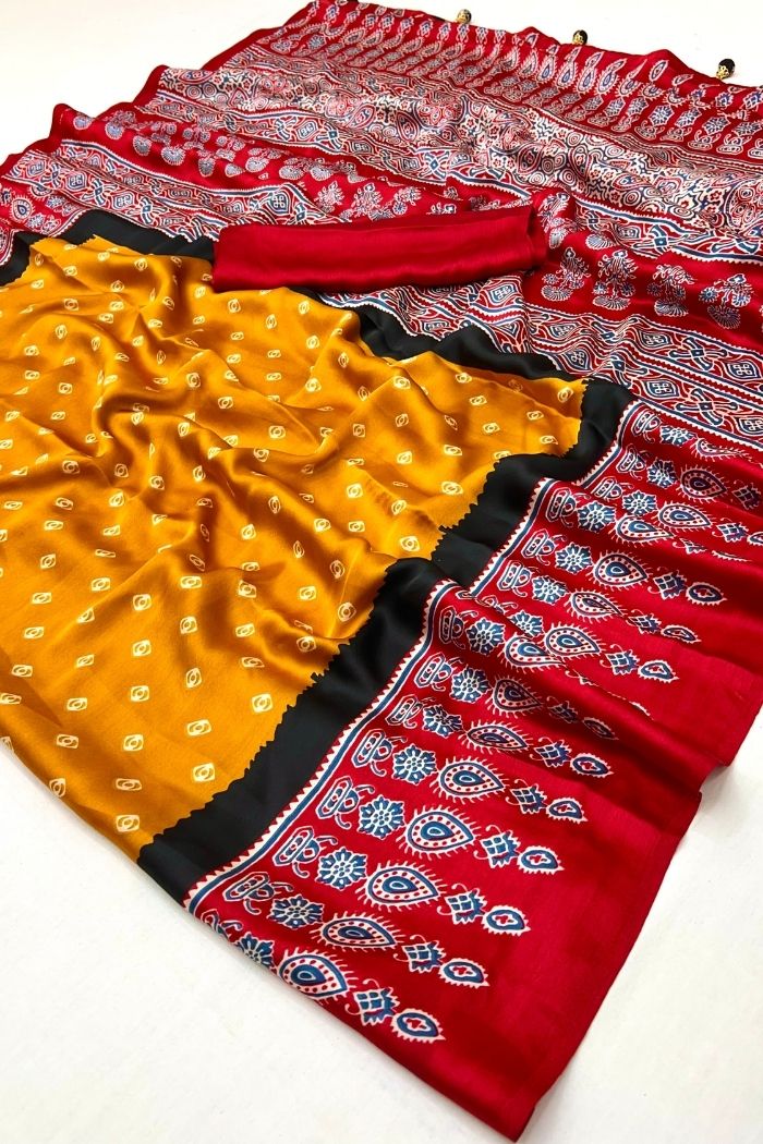 Buy MySilkLove Sunset Yellow and Red Ajrakh Printed Satin Gaji Silk Saree Online