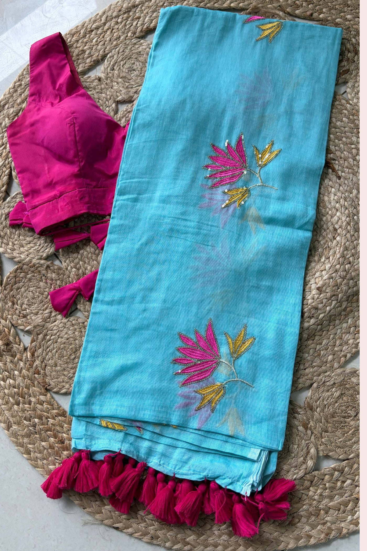Buy MySilkLove Ocean Blue Pure Mul Mul Cotton Lotus Sequin Work Saree Without Blouse Online