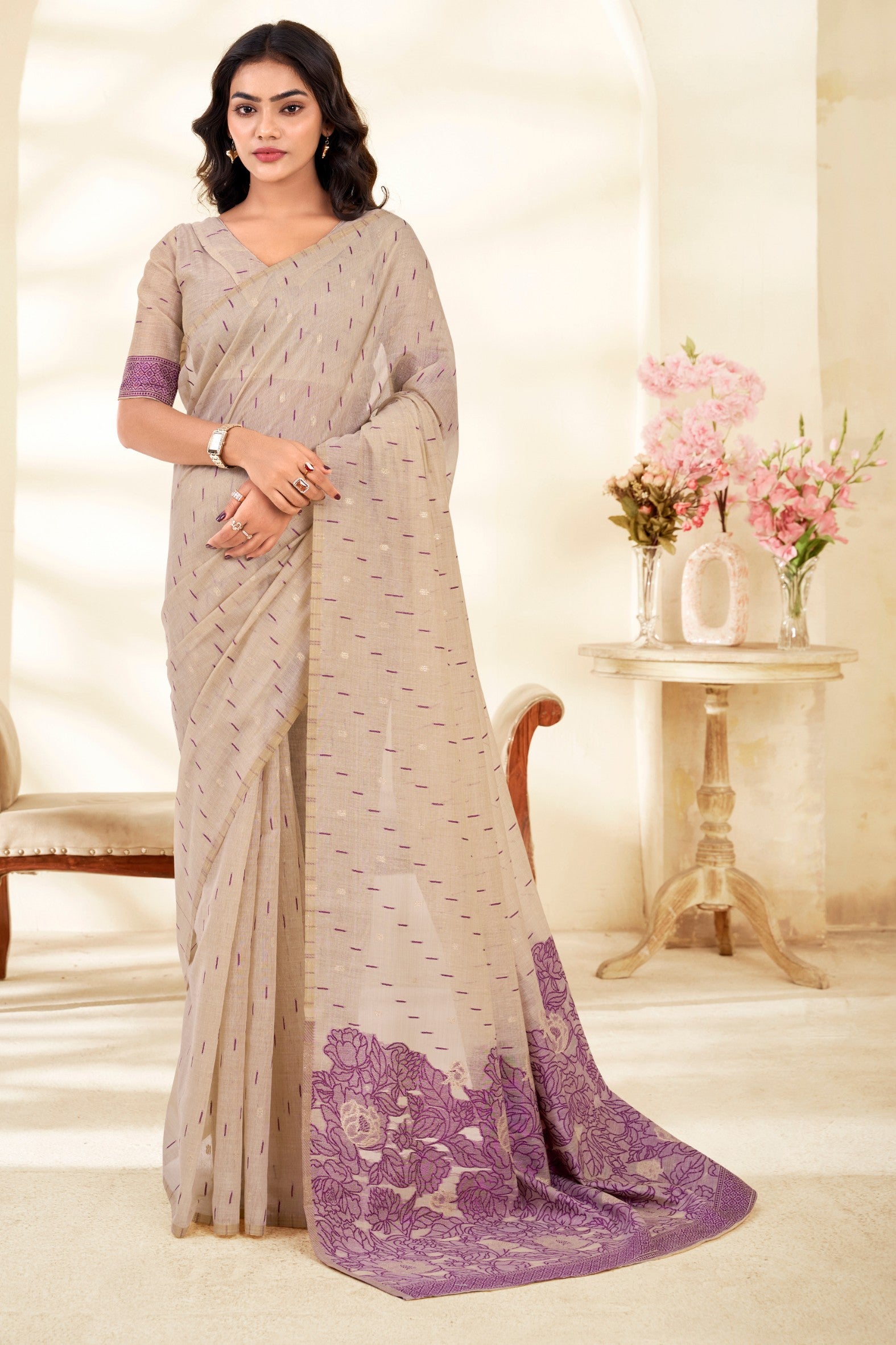 Buy MySilkLove Classic Cream and Purple Woven Modal Cotton Saree Online