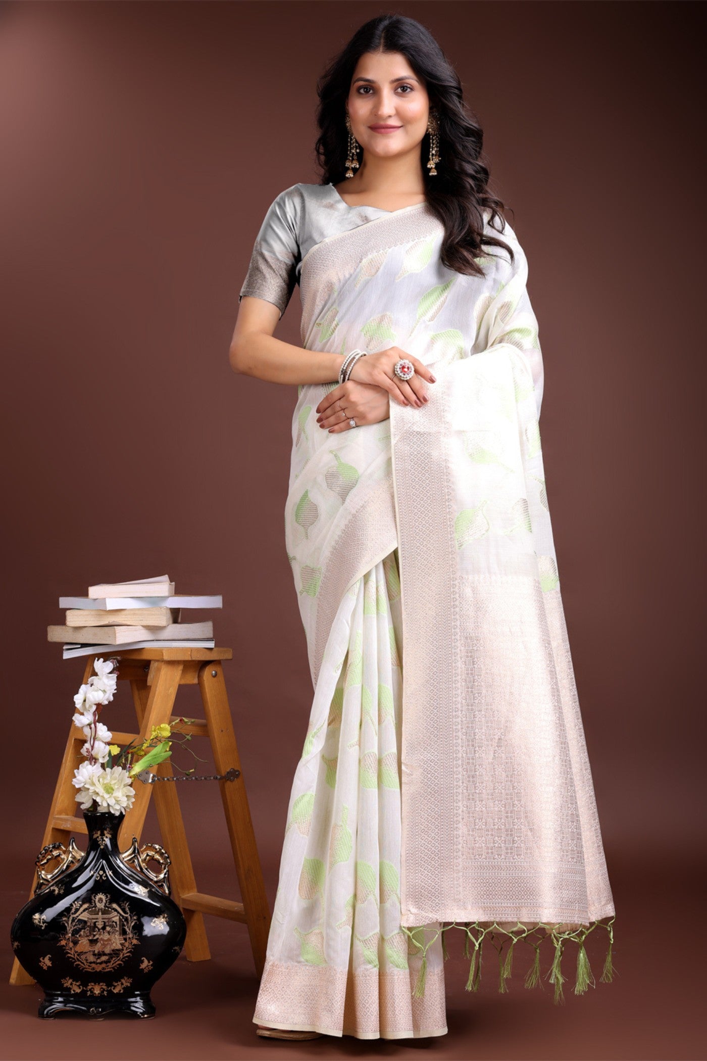 Buy MySilkLove Alstroemeria White and Green Woven Cotton Saree Online