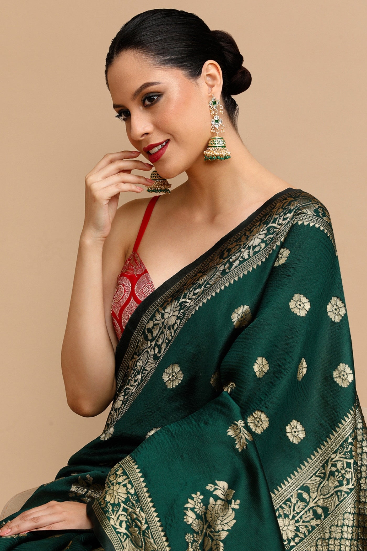 Buy MySilkLove Bottle Green Woven Jacquard Lichi Silk Saree Online