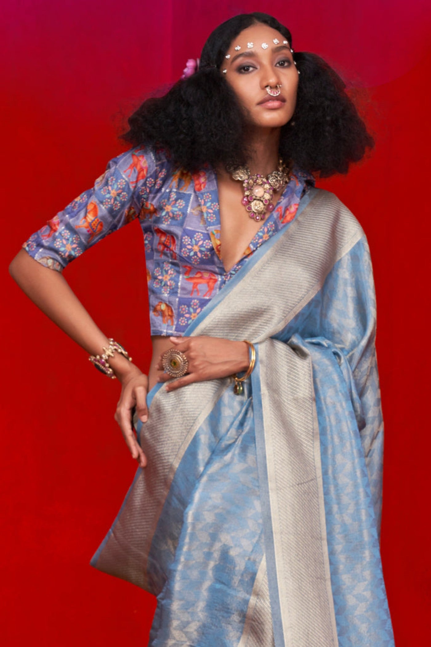 Buy MySilkLove Mineral Blue Woven Tissue Silk Saree Online