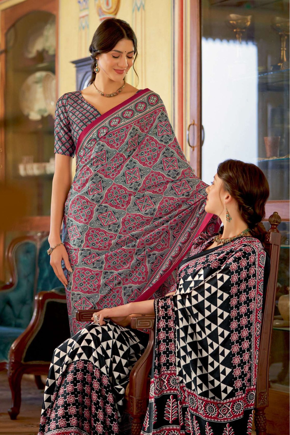 Buy MySilkLove Giants Club Brown and Grey Ajrakh Printed Satin Crepe Saree Online