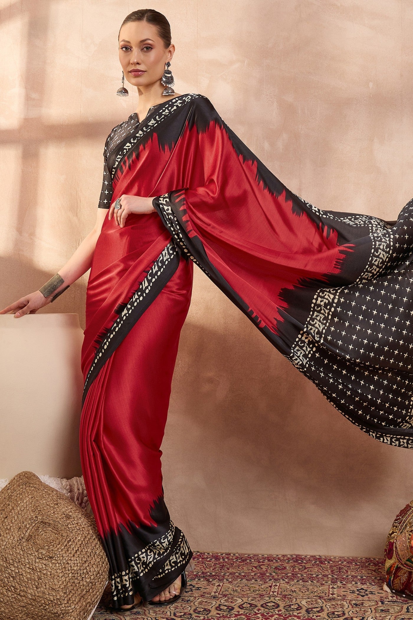 Buy MySilkLove Chili Red Printed Satin Crepe Silk Saree Online
