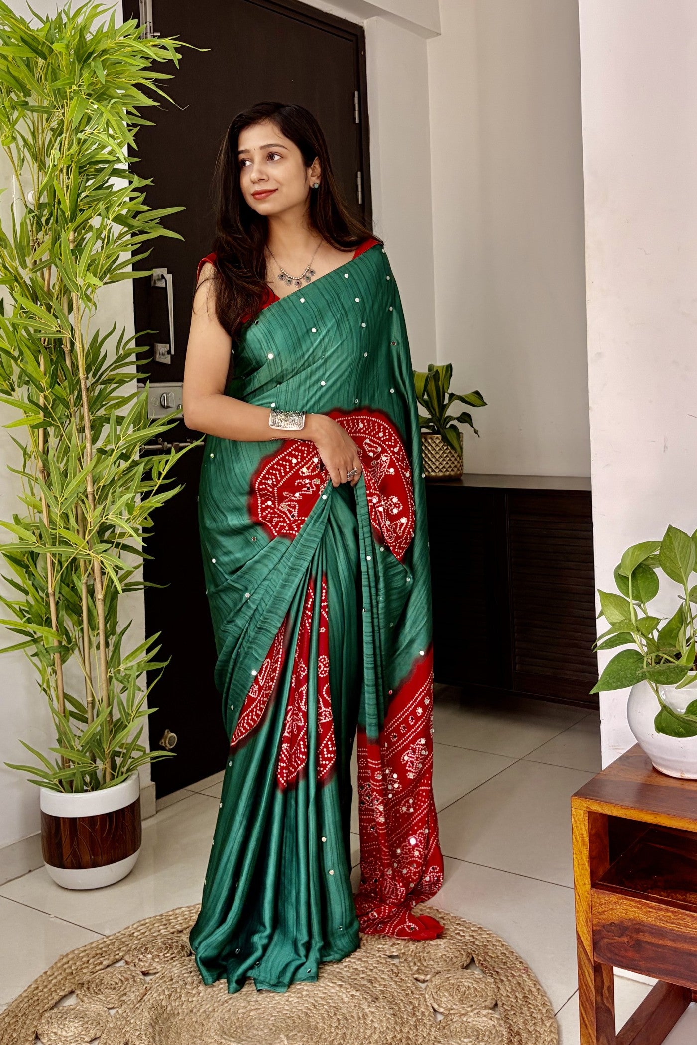 Buy MySilkLove Myrtle Green and Red Gaji Bandej Satin Soft Silk Saree Online