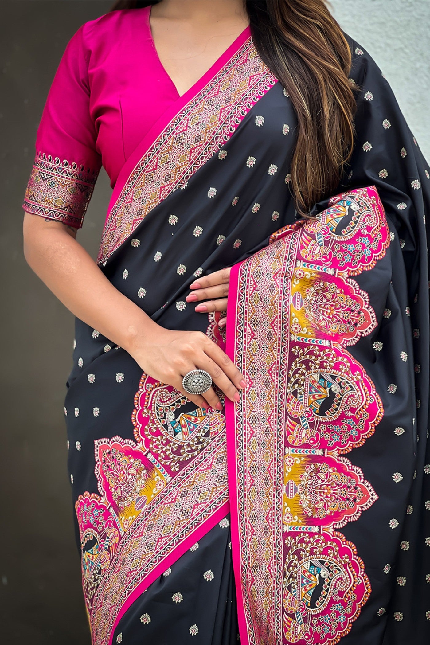 Buy MySilkLove Pitch Black Woven Banarasi Saree Online