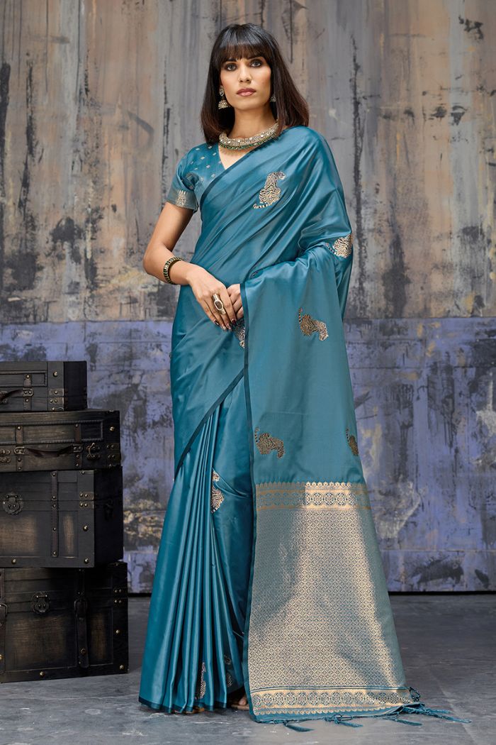 Buy MySilkLove Cyan Blue Handloom Satin Soft Silk Saree Online
