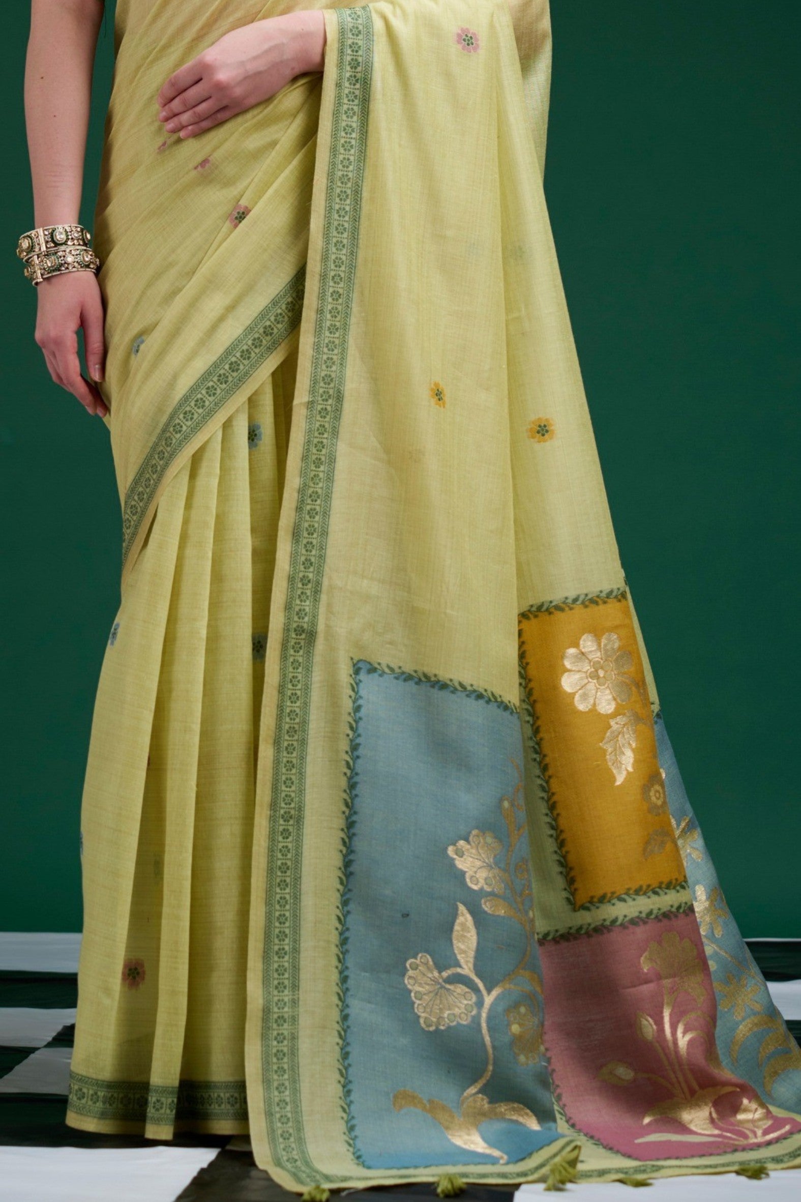 Buy MySilkLove Olive Green Jamdani Woven Muga Cotton Saree Online
