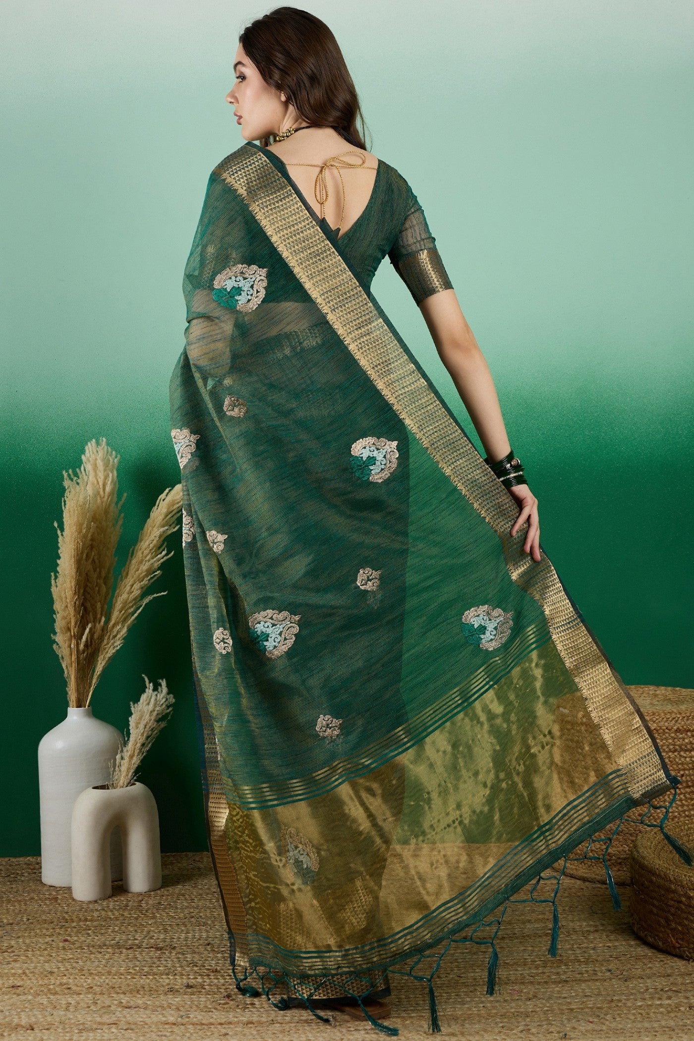 Buy MySilkLove Everglade Green Organza Saree Online