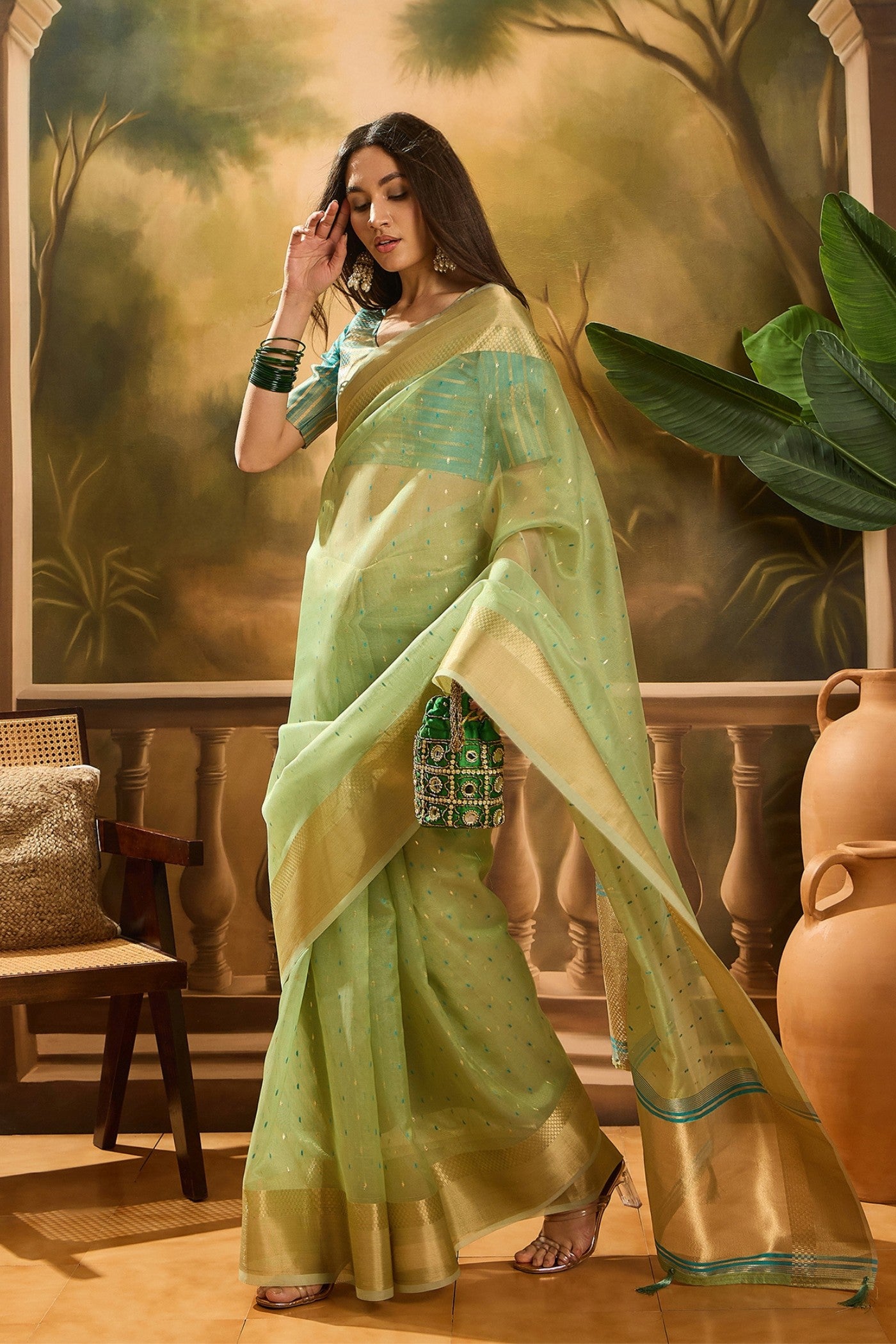 Buy MySilkLove Gin Green Woven Organza Saree Online