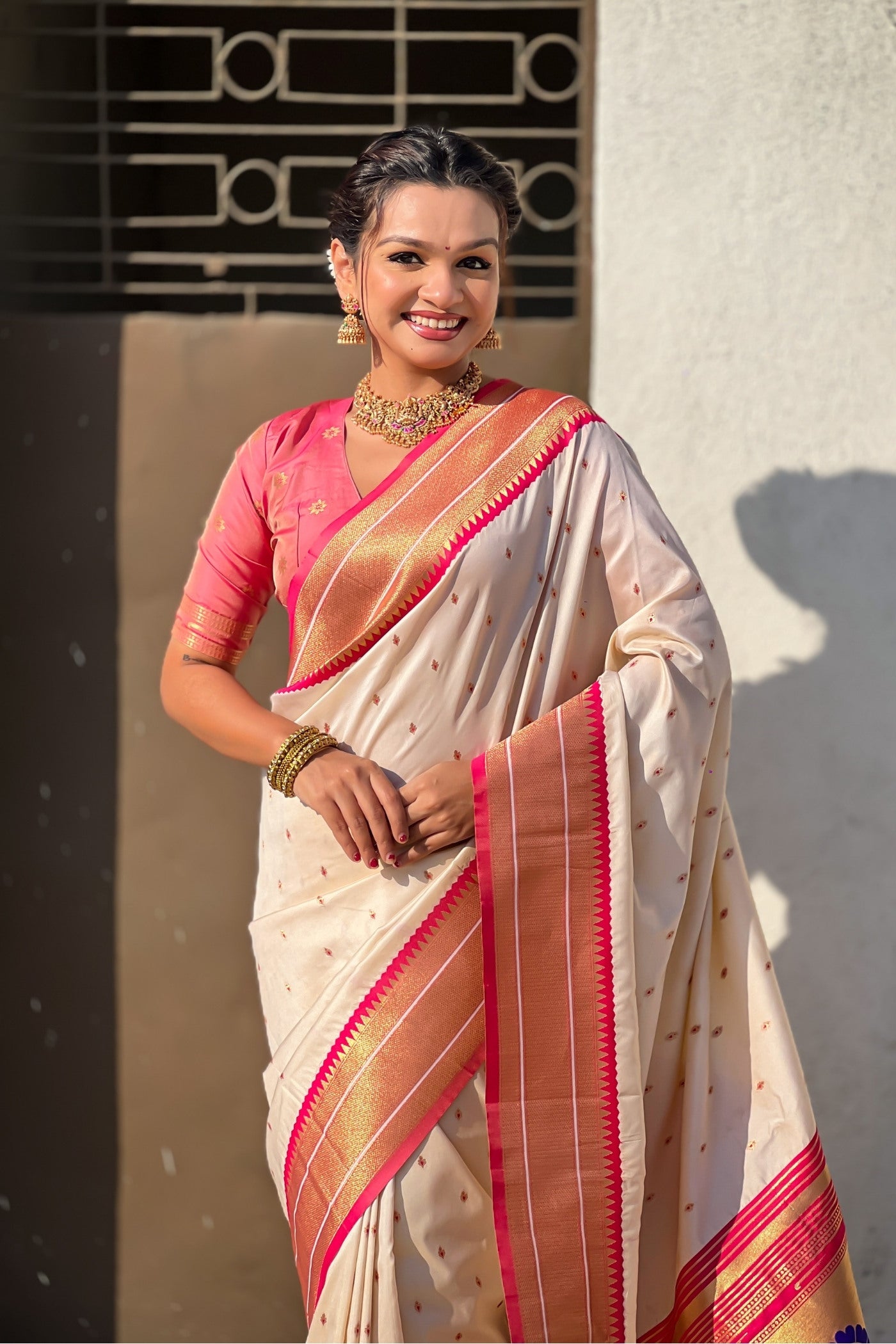 Buy MySilkLove Navajo White Zari Woven Paithani Saree Online