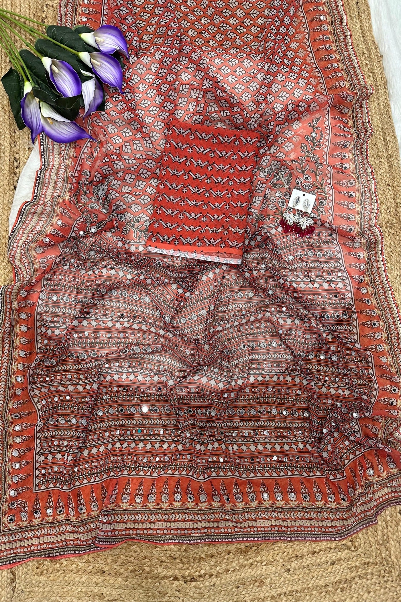 Buy MySilkLove Calypso Blue Ajrakh Georgette Printed Mirror Work Saree Online