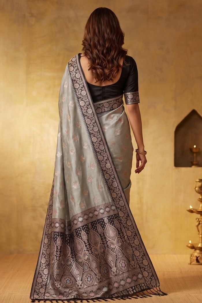 Buy MySilkLove Dove Grey Woven Banarasi Saree Online