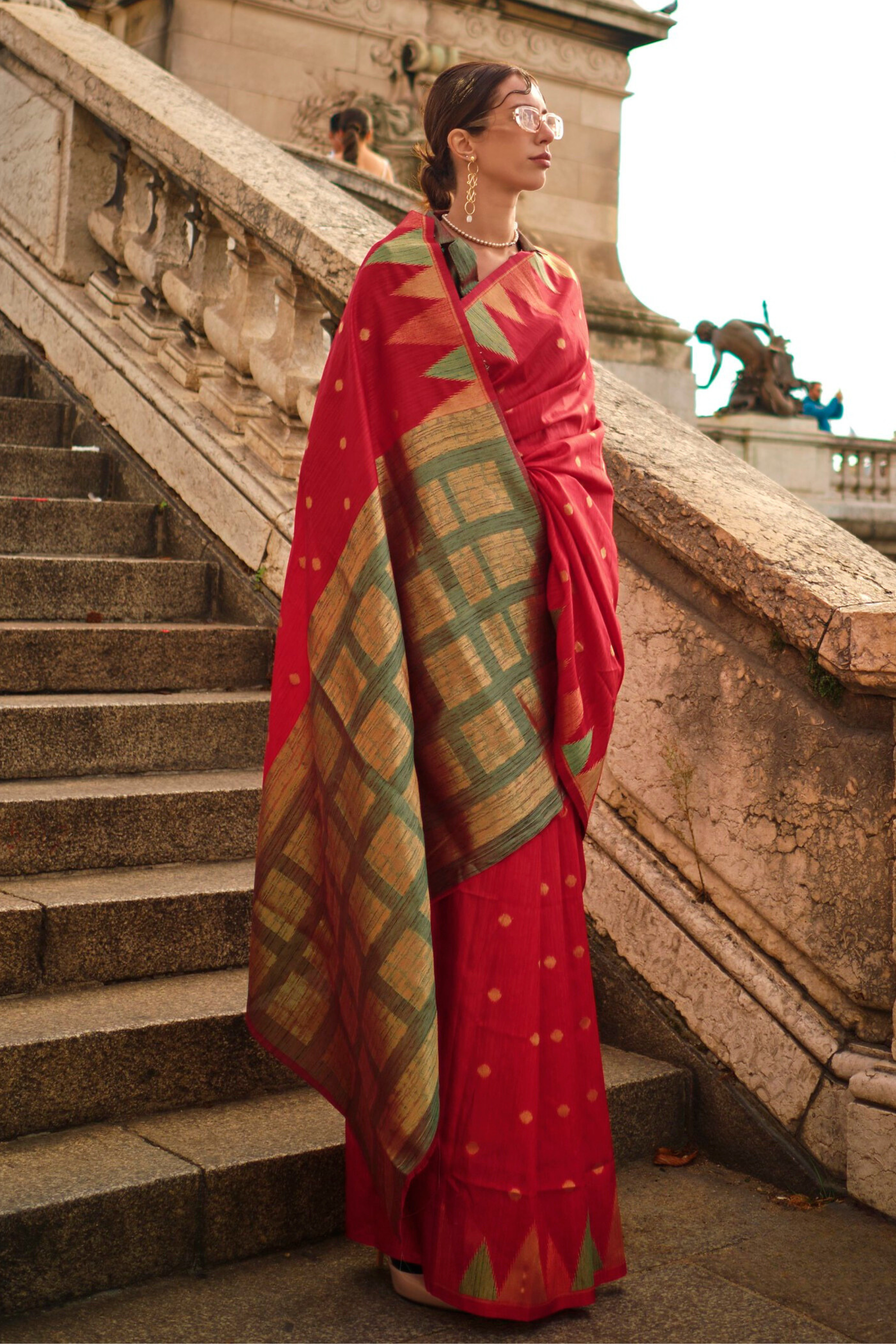 MySilkLove Red South Tussar Temple Border Silk Saree