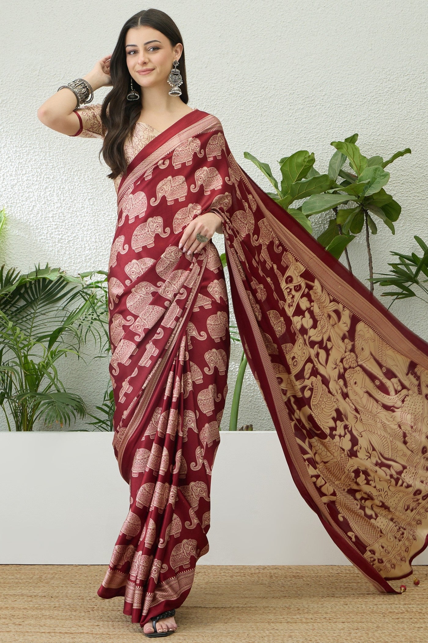 Buy MySilkLove Luxury Marron Ajrakh Printed Satin Crepe Silk Saree Online