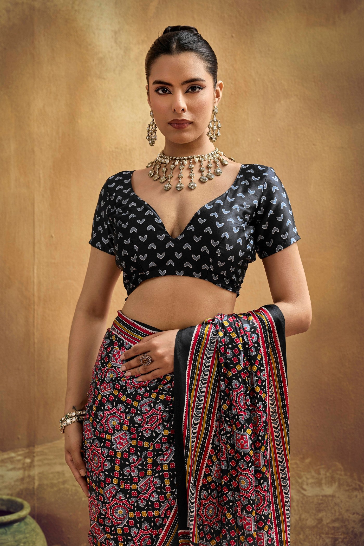 Buy MySilkLove Mysterious Black Modal Ajrakh Satin Printed Silk Saree Online