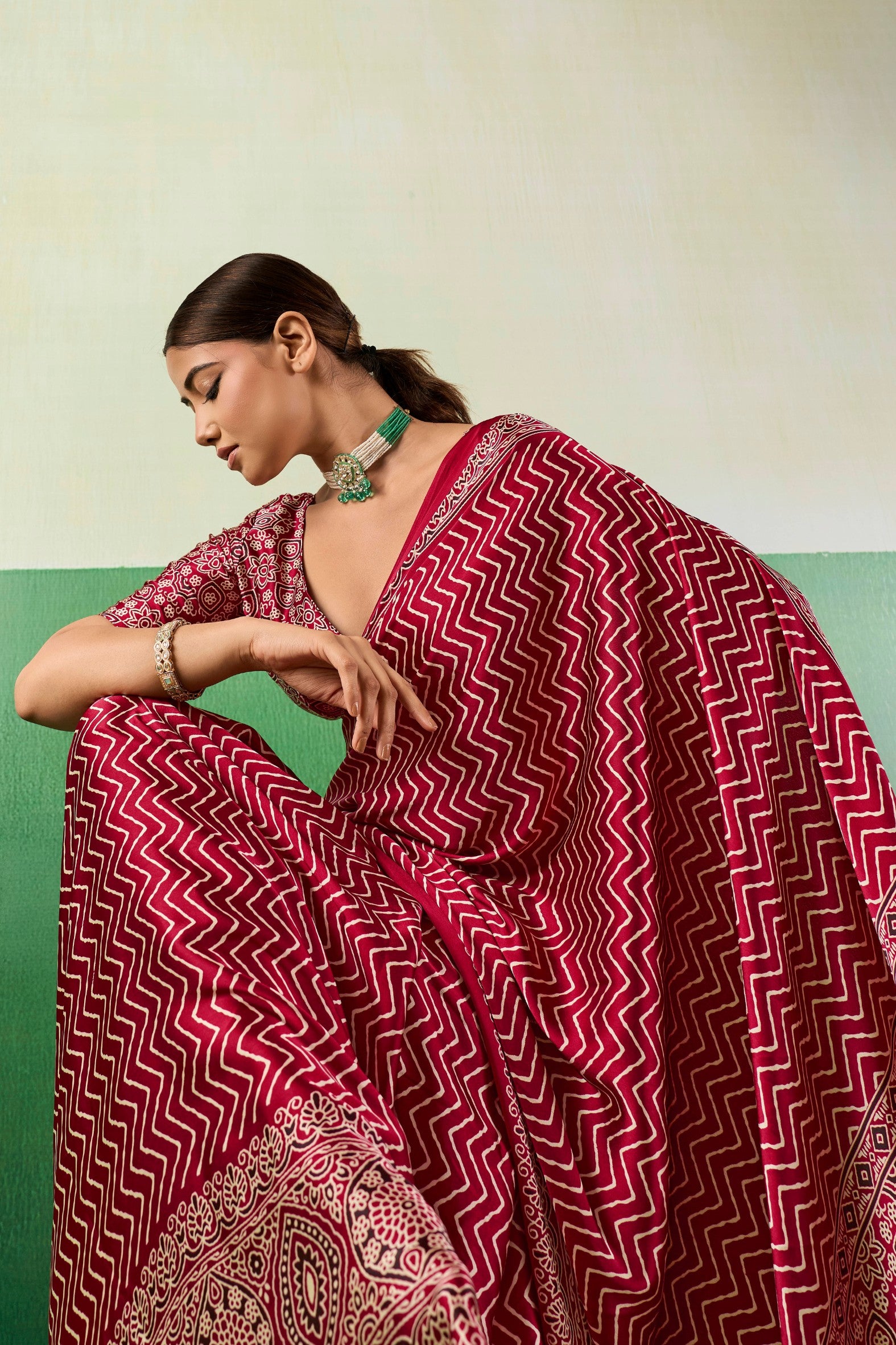 MySilkLove Bittersweet Red Modal Ajrakh Satin Printed Silk Saree