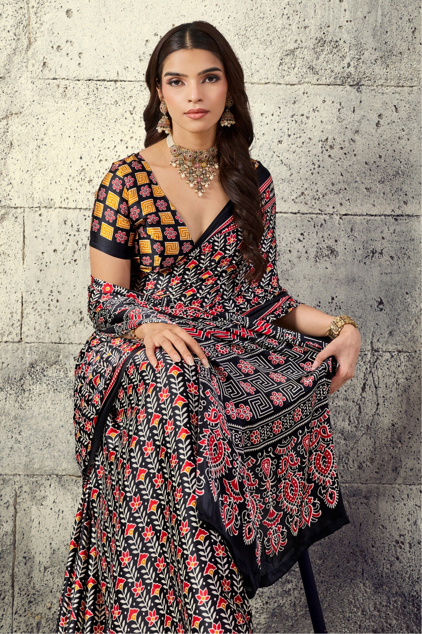 MySilkLove Black Bean Modal Ajrakh Satin Printed Silk Saree