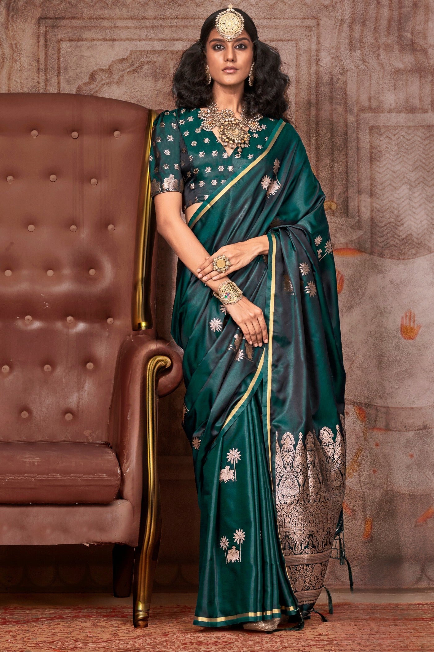 Buy MySilkLove Hunter Green Banarasi Pichwai Satin Saree Online