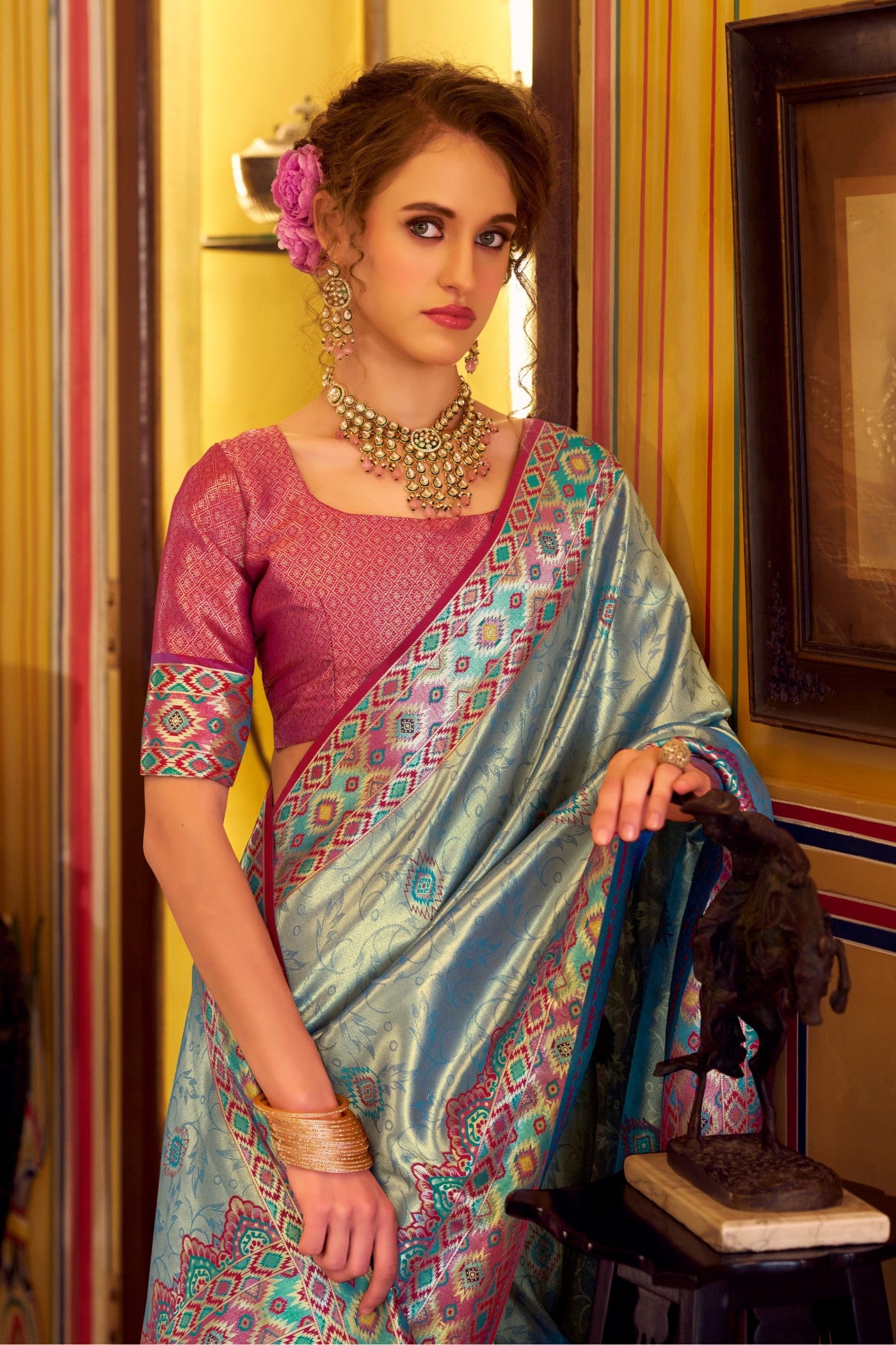 MySilkLove Blue Dewdrop Woven Tissue Patola Silk Saree