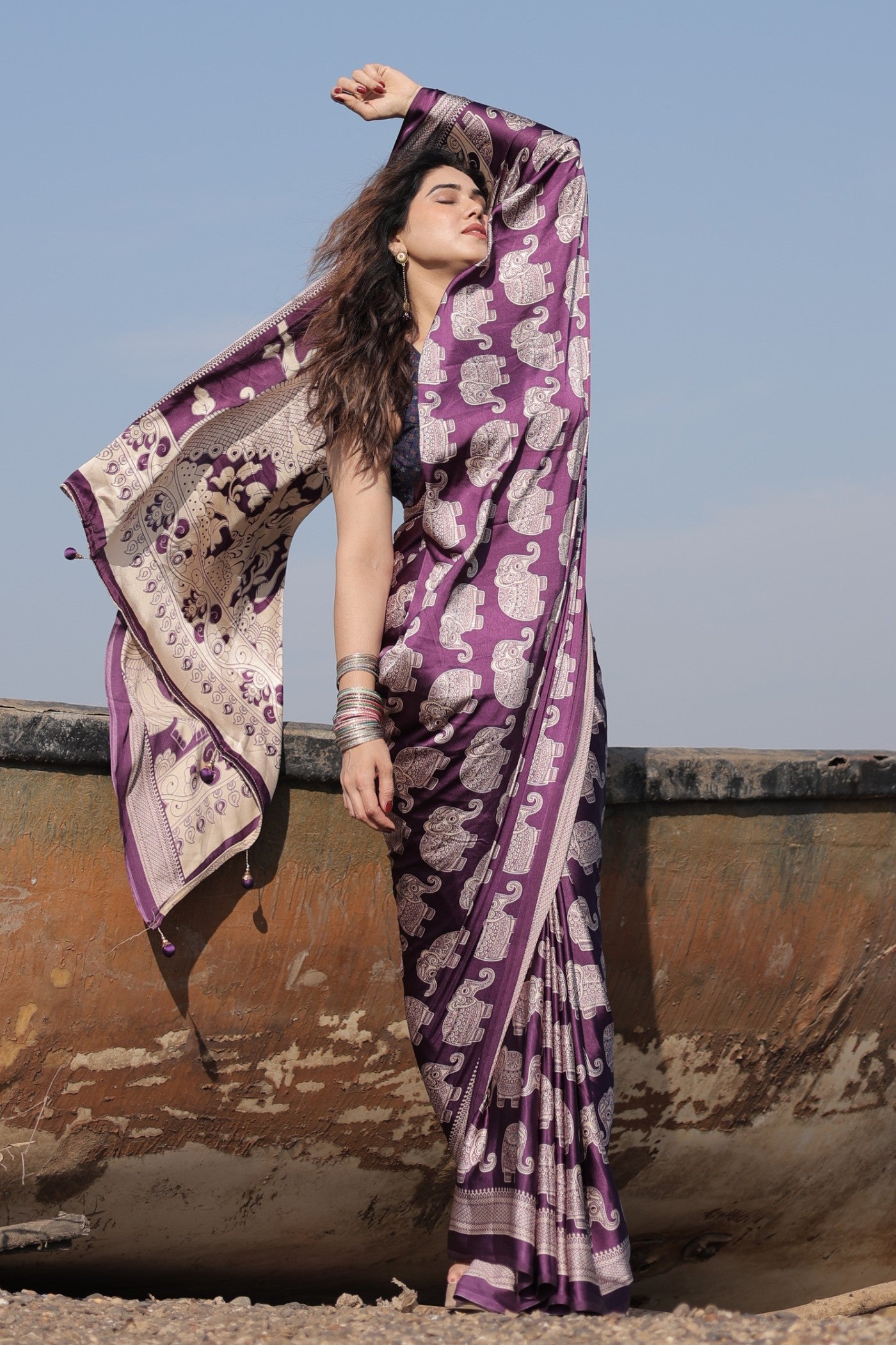 Buy MySilkLove Haze Purple Ajrakh Printed Satin Crepe Silk Saree Online